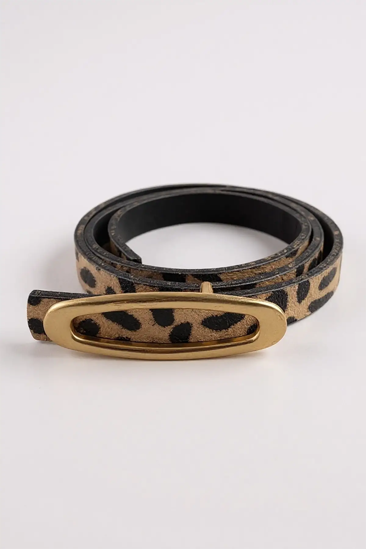 Altın Renk Leopar Desenli Kadın Deri Kemer
