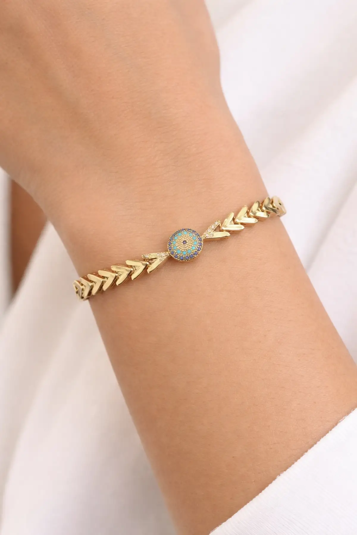 Altın Renk Nazar Boncuğu Figürlü 14K Altın Kaplama VİP Bileklik