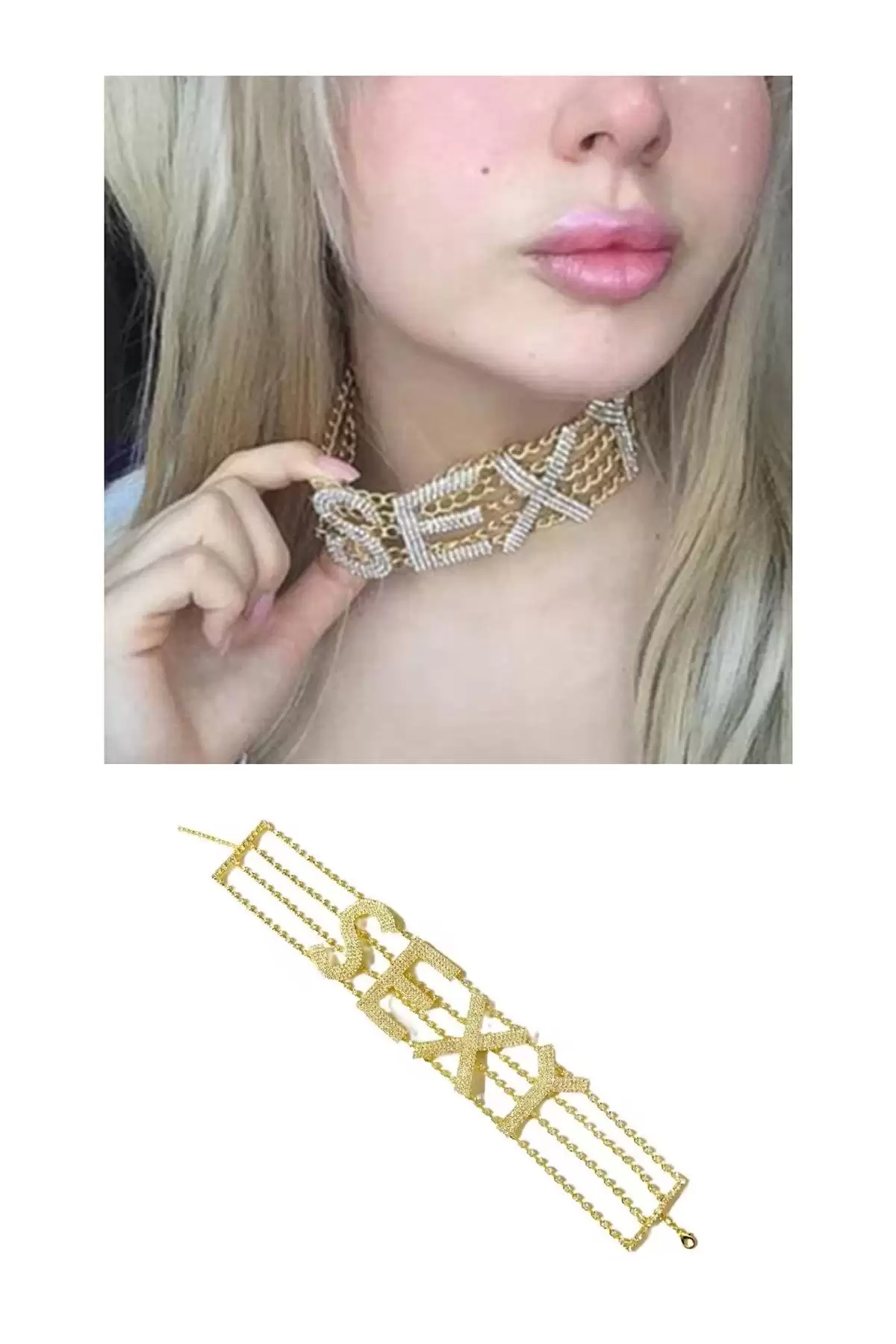 Altın Renk Sexy Yazılı Taş Detaylı Tasarım Choker Kolye