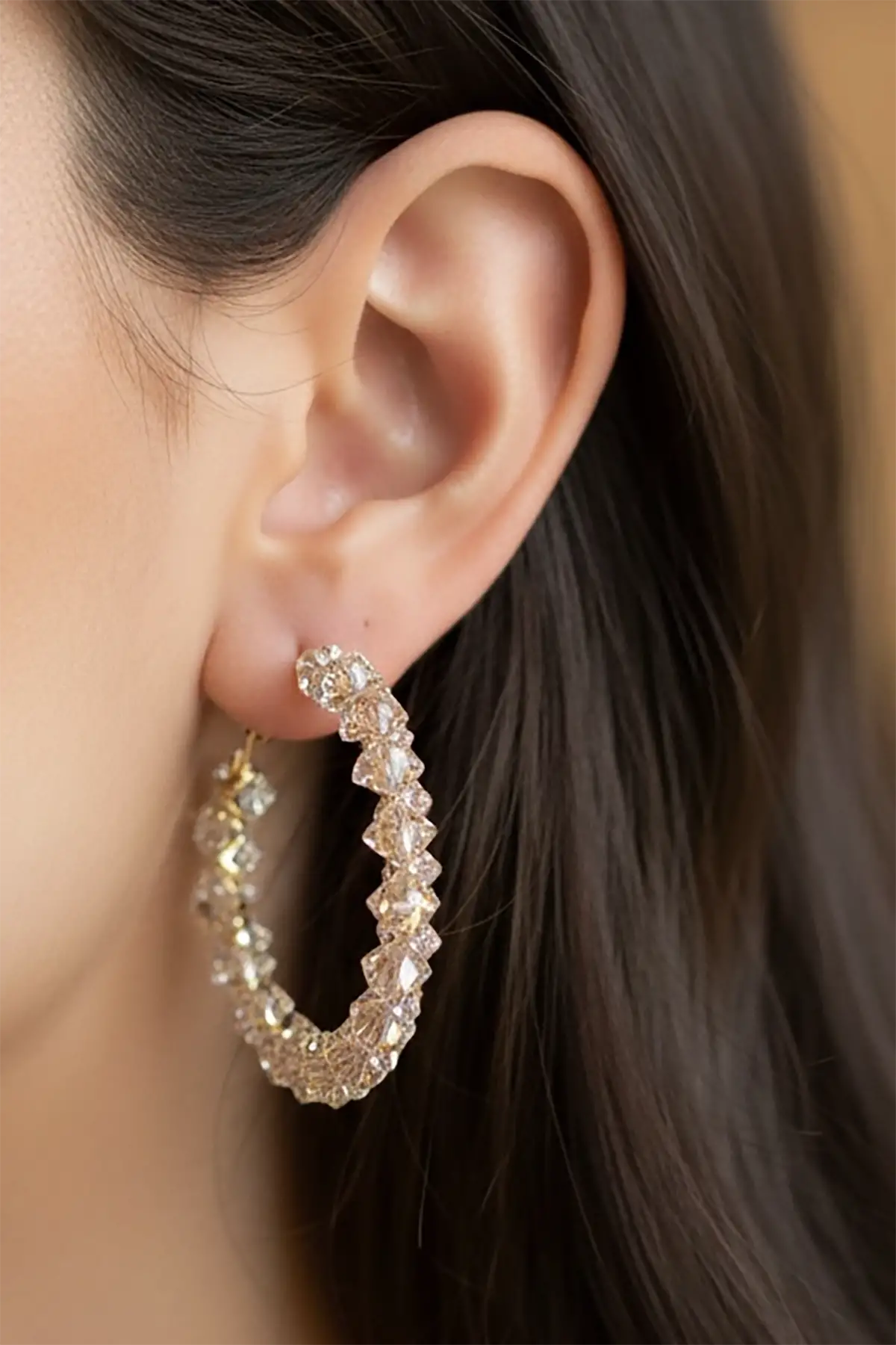 Altın Renk Taş Detaylı 14k Altın Kaplama Halka Küpe (Çift)