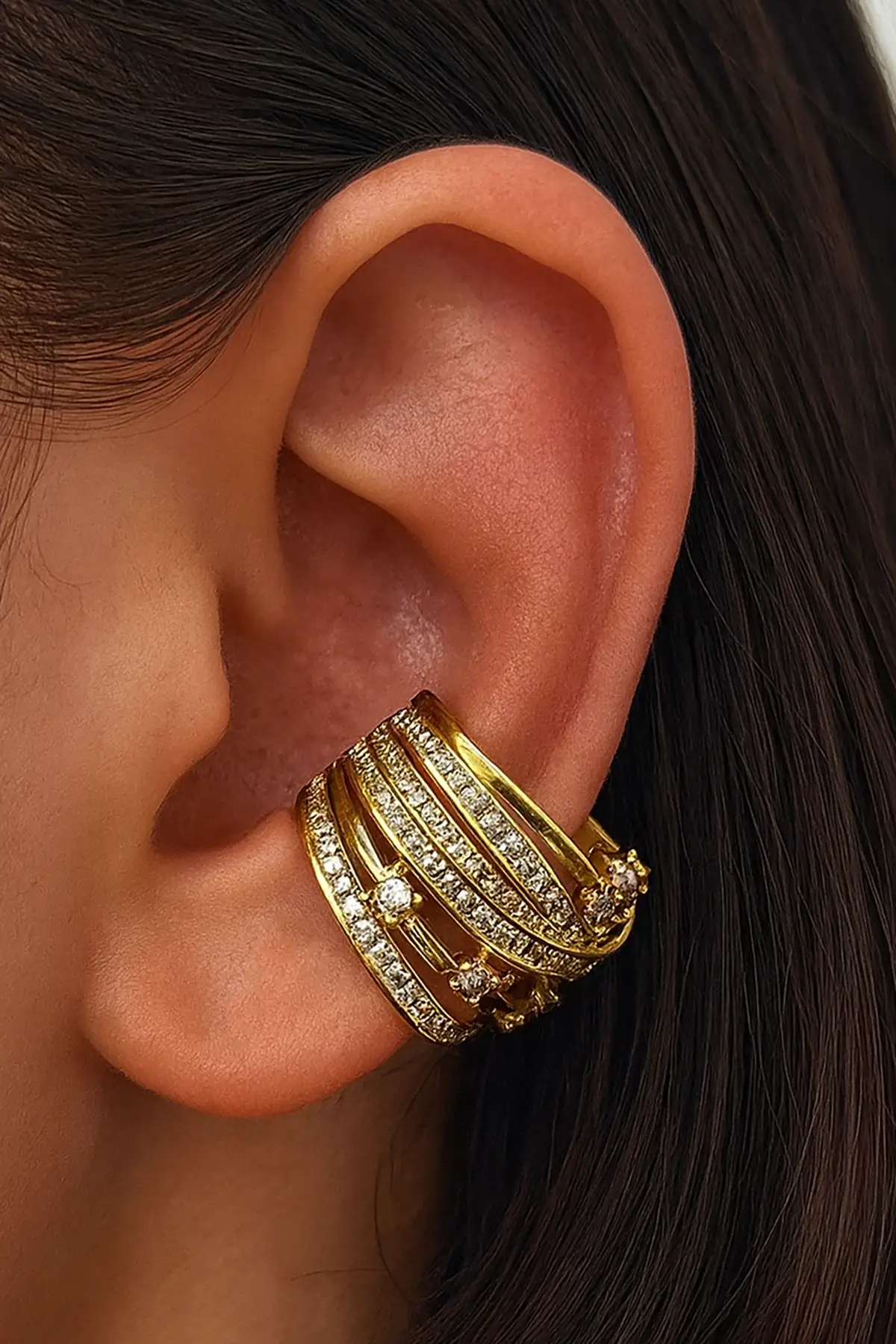 Altın Renk Taş Detaylı 14K Altın Kaplama TX Ear Cuff (Tek)