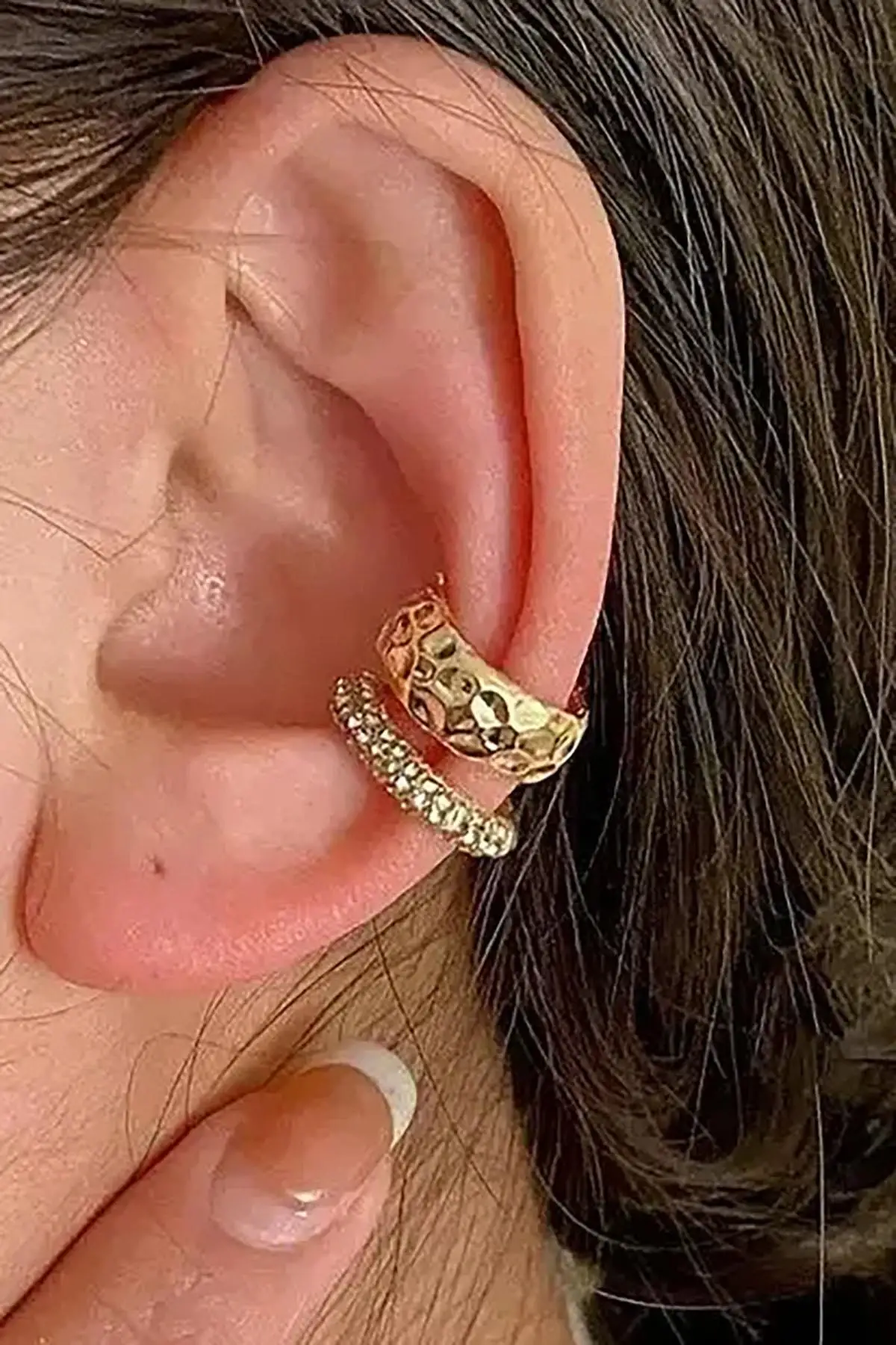 Altın Renk Taş Detaylı 14K Altın Kaplama TX Ear Cuff (Tek)