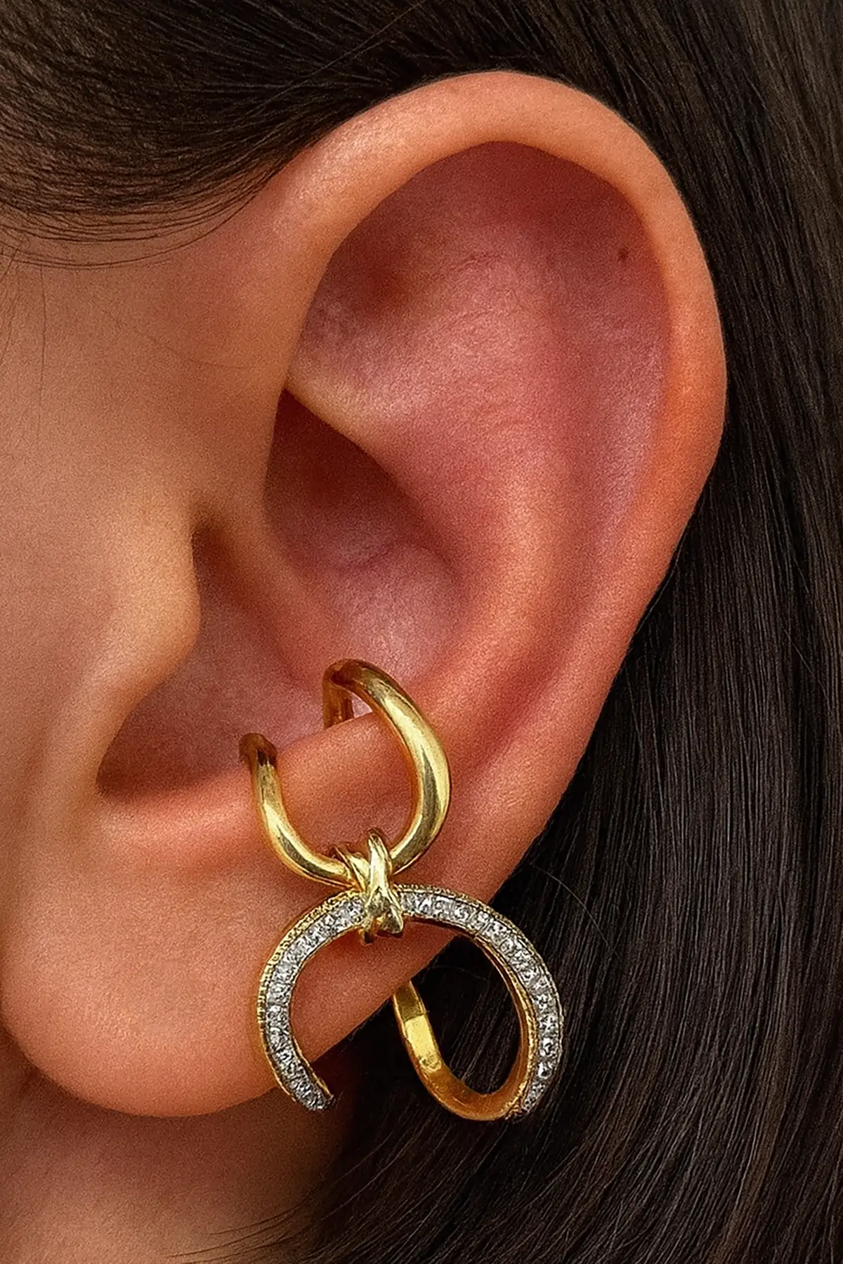 Altın Renk Taş Detaylı 14K Altın Kaplama TX Ear Cuff (Tek)