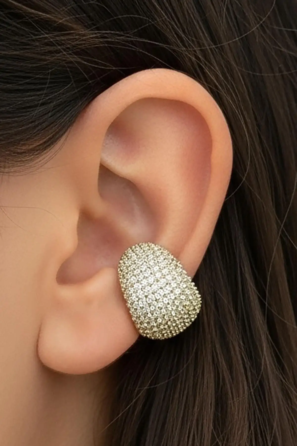 Altın Renk Taş Detaylı 14K Altın Kaplama TX Ear Cuff (Tek)