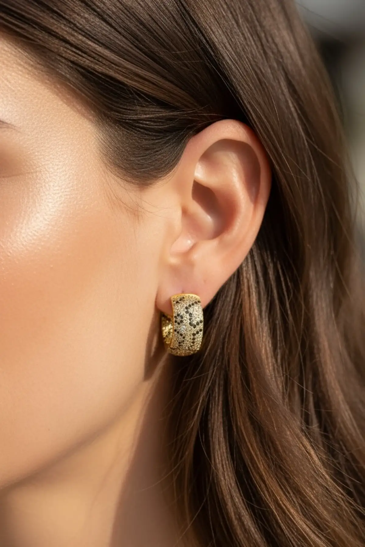 Altın Renk Taş Detaylı 14K Altın Kaplama TX Halka Küpe (Çift)