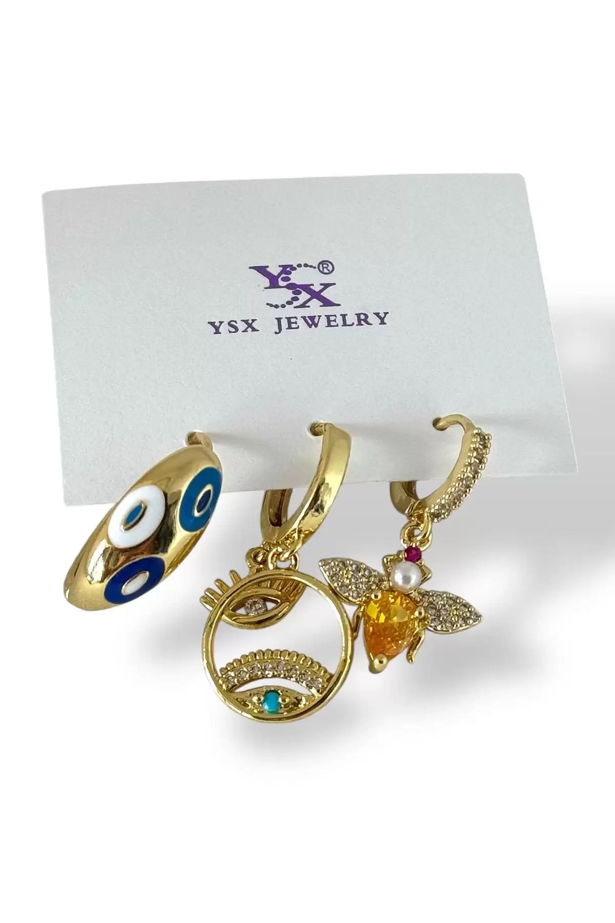 Altın Renk Taş Detaylı 3lü YSX Küpe Set