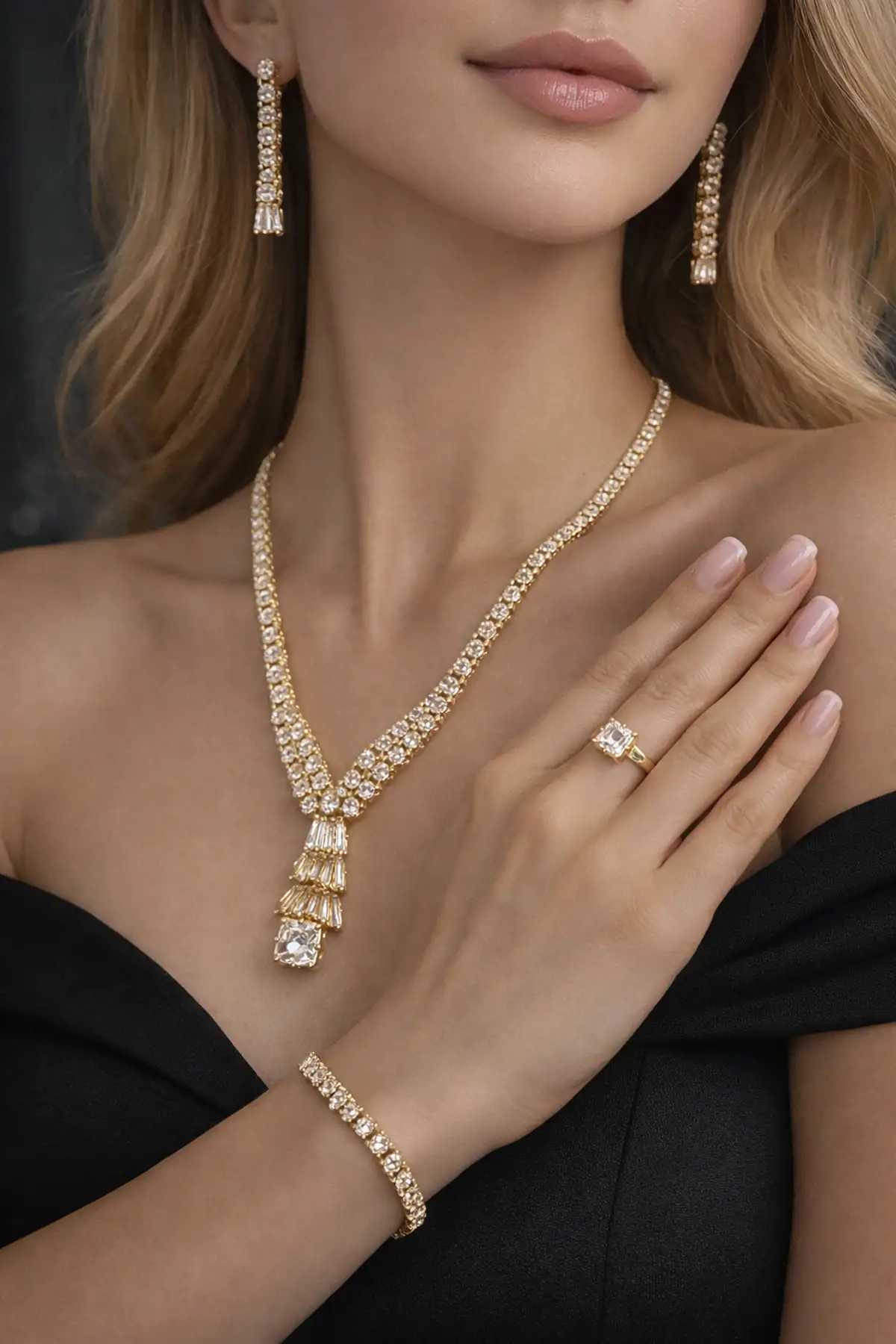 Altın Renk Taş Detaylı 4lü Abiye Set