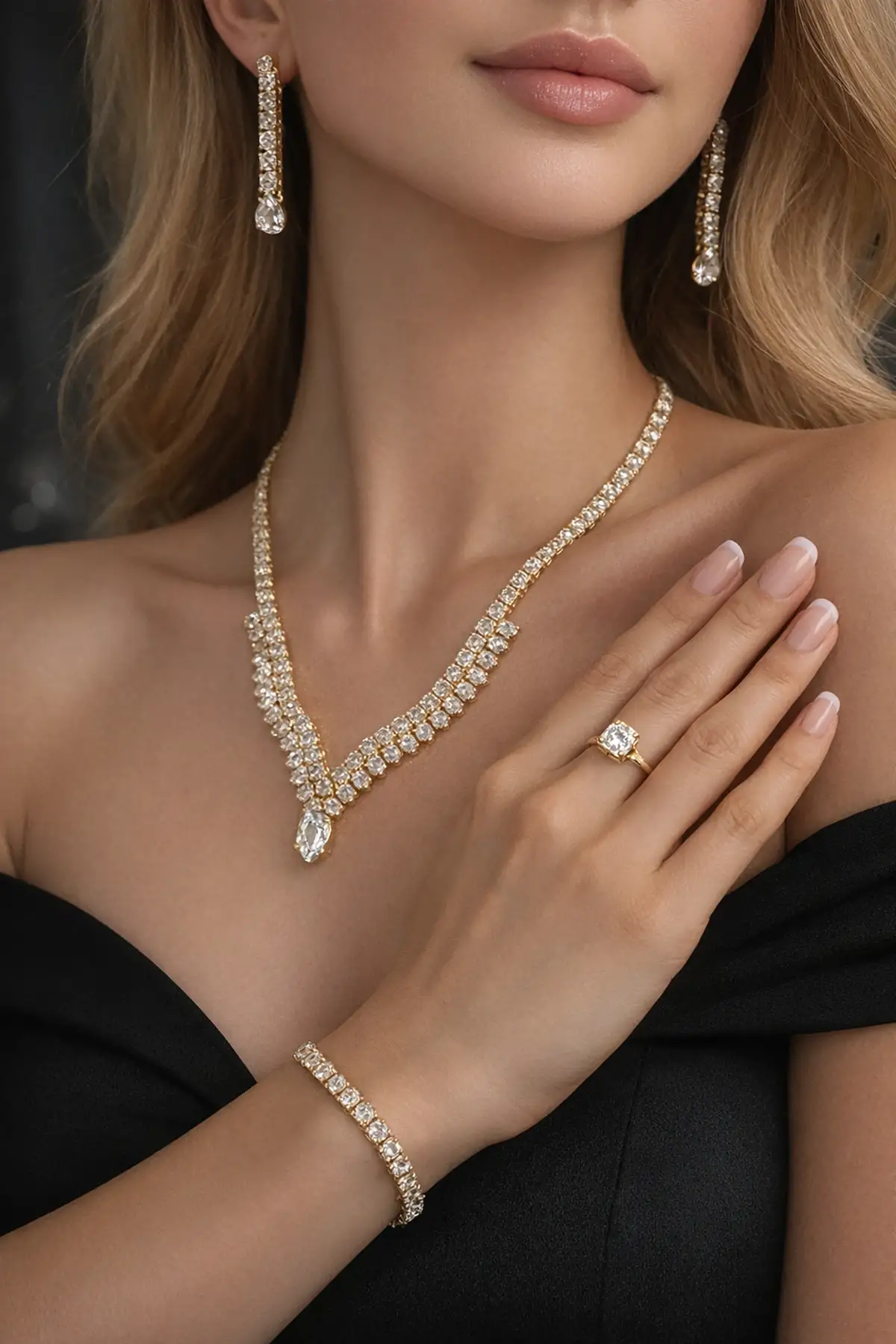 Altın Renk Taş Detaylı 4lü Abiye Set