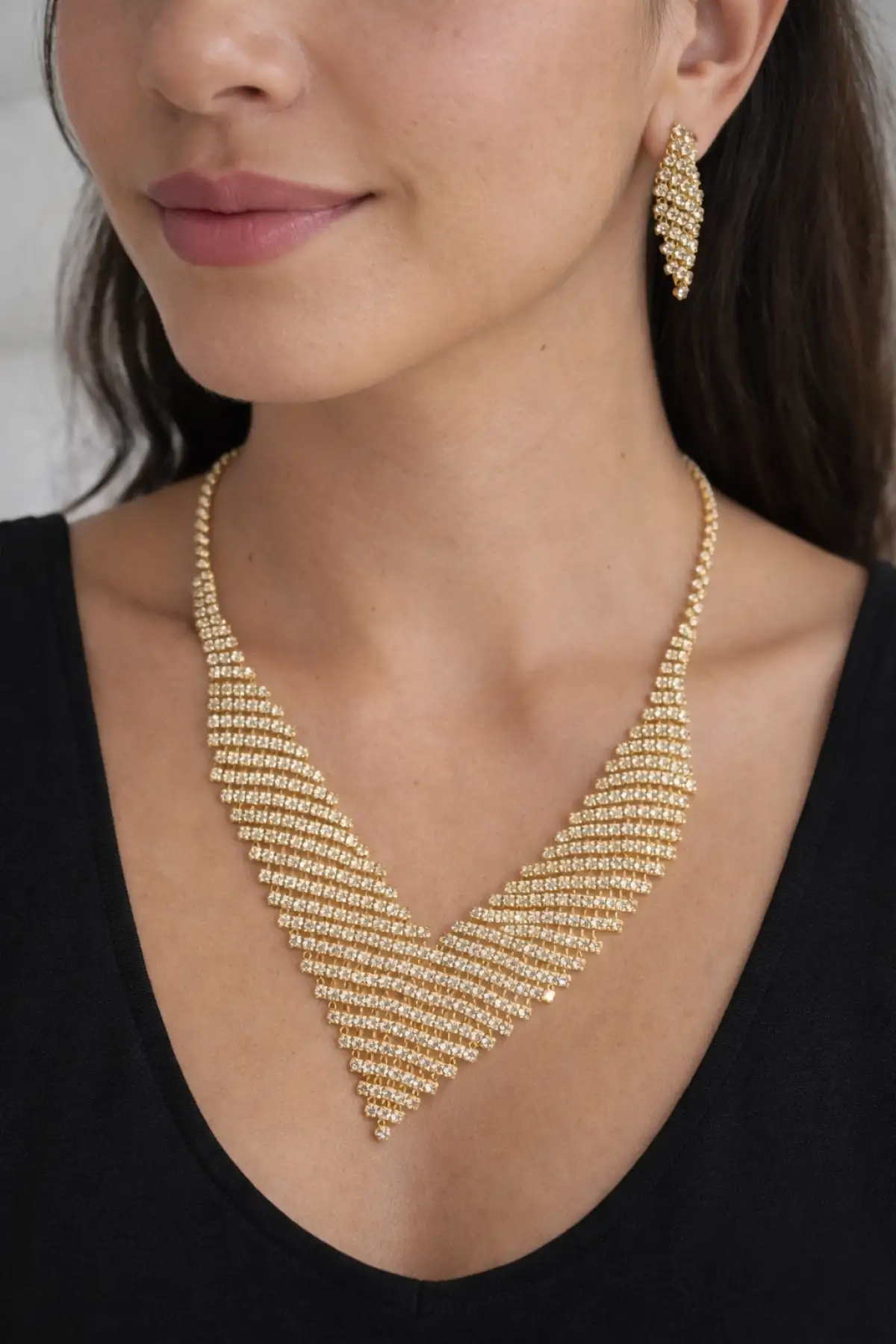 Altın Renk Taş Detaylı Abiye Set