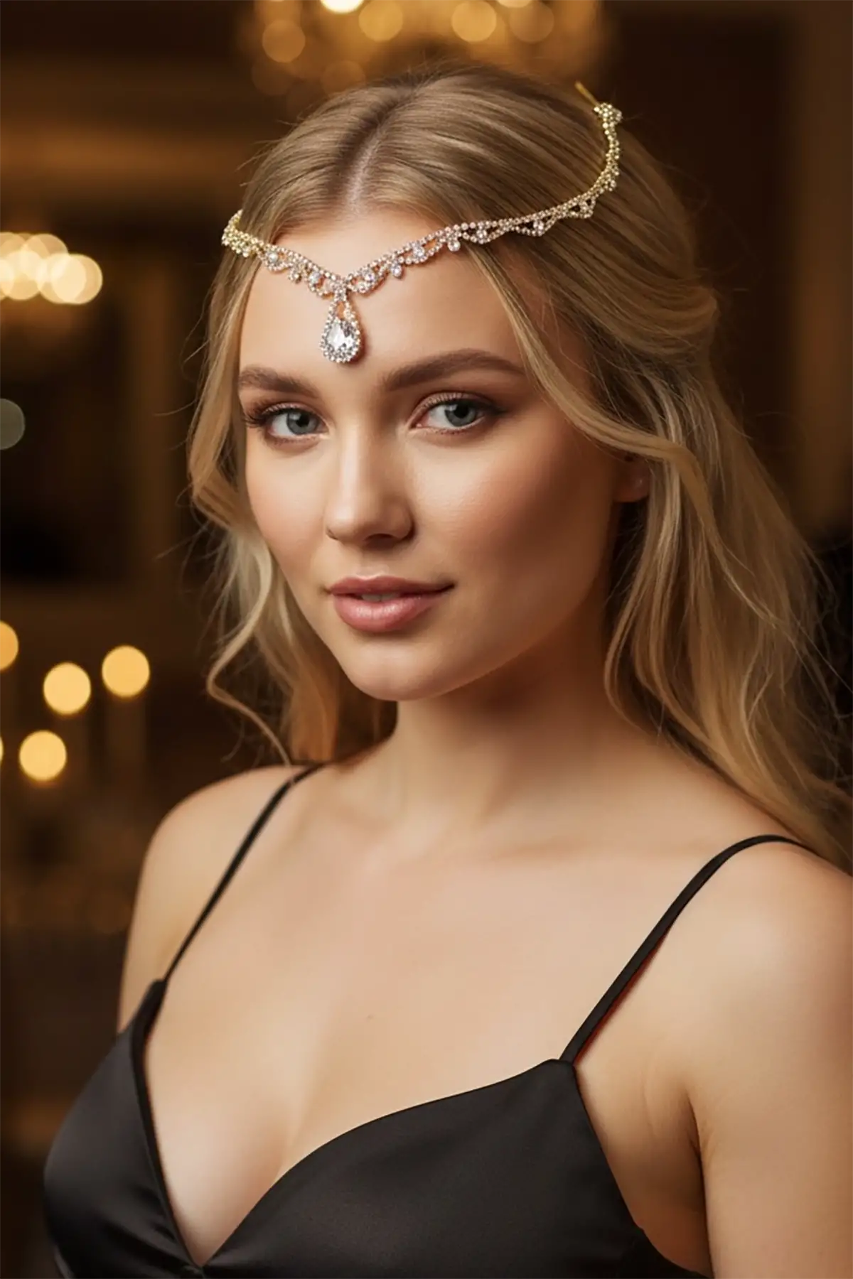 Altın Renk Taş Detaylı Alınlık/Kına Aksesuarı