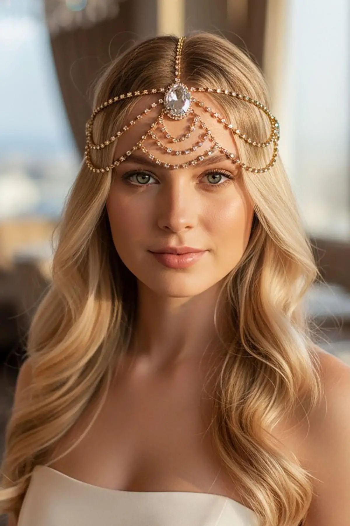 Altın Renk Taş Detaylı  Alınlık/Kına Aksesuarı