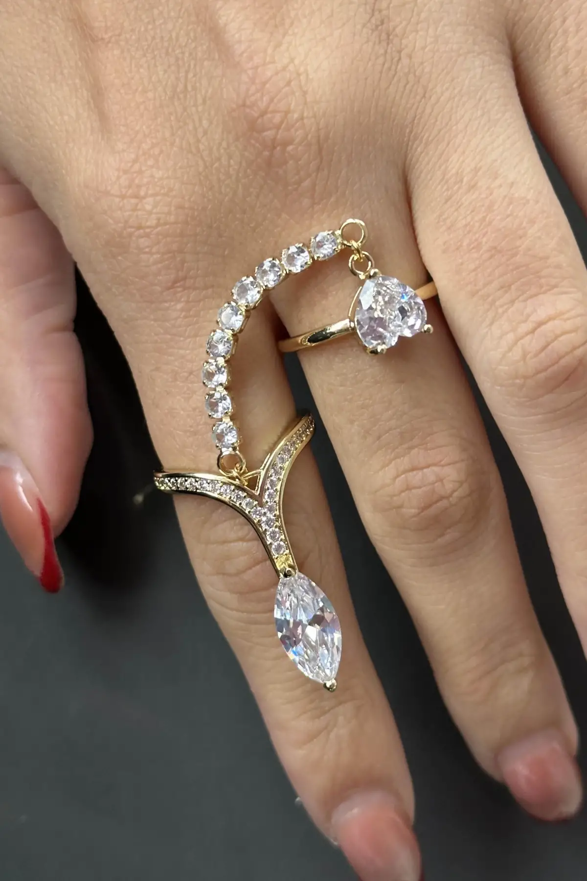 Altın Renk Taş Detaylı Ayarlanabilir İkili Çelik Yüzük