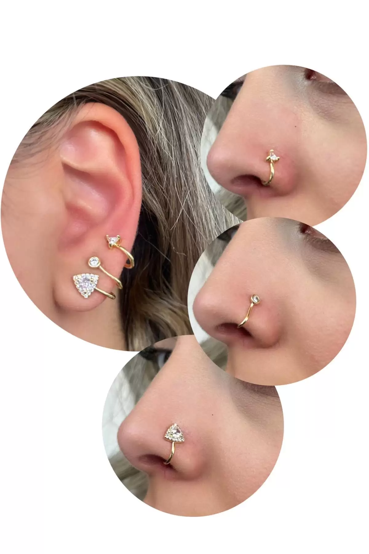 Altın Renk Taş Detaylı Deliksiz Kulak/ Burun 3lü Piercing Set