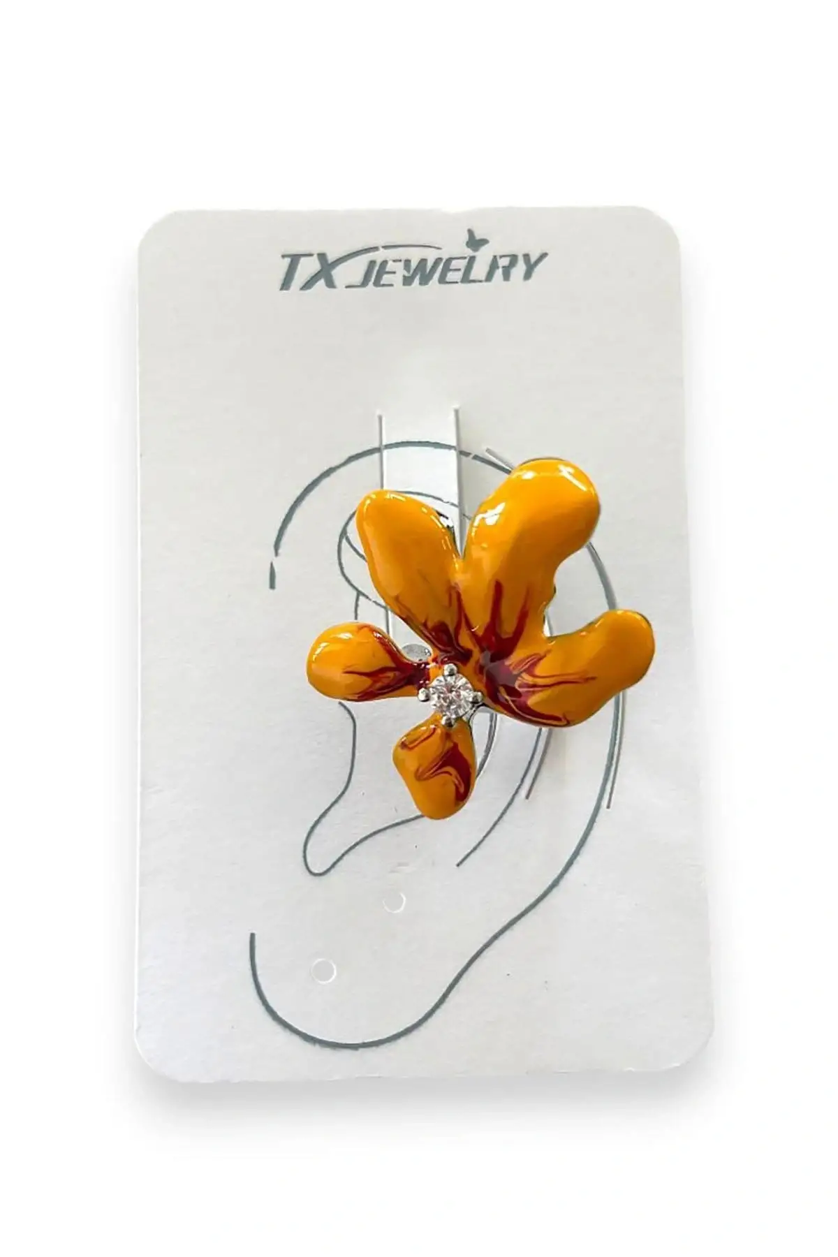 Altın Renk Taş Detaylı Gümüş Renk Çiçek Figürlü Taş Detaylı 14K Altın Kaplama TX Ear Cuff (Tek) Vücut Aksesuar