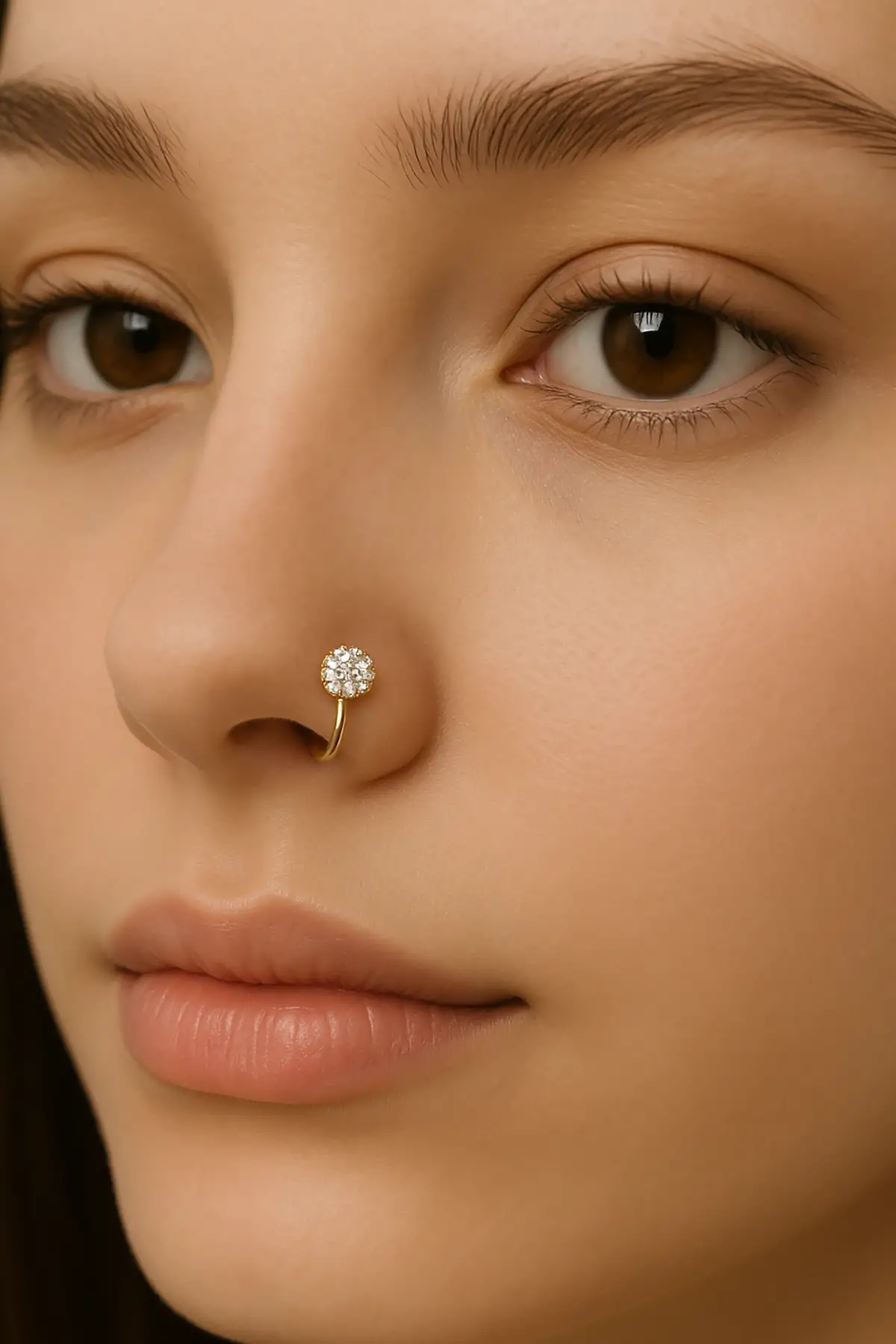Altın Renk Taş Detaylı Sıkıştırmalı Deliksiz Cerrahi Çelik Hızma Piercing (Tek)