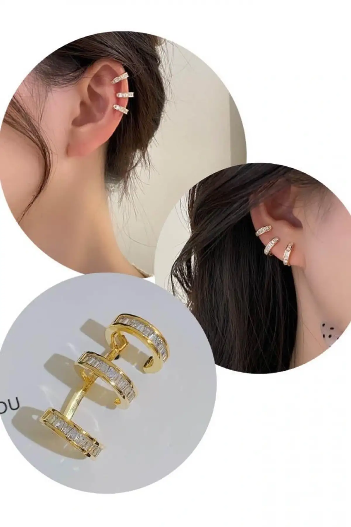 Altın Renk Taş Detaylı Üçlü Görünümlü Ear Cuff (Tek)