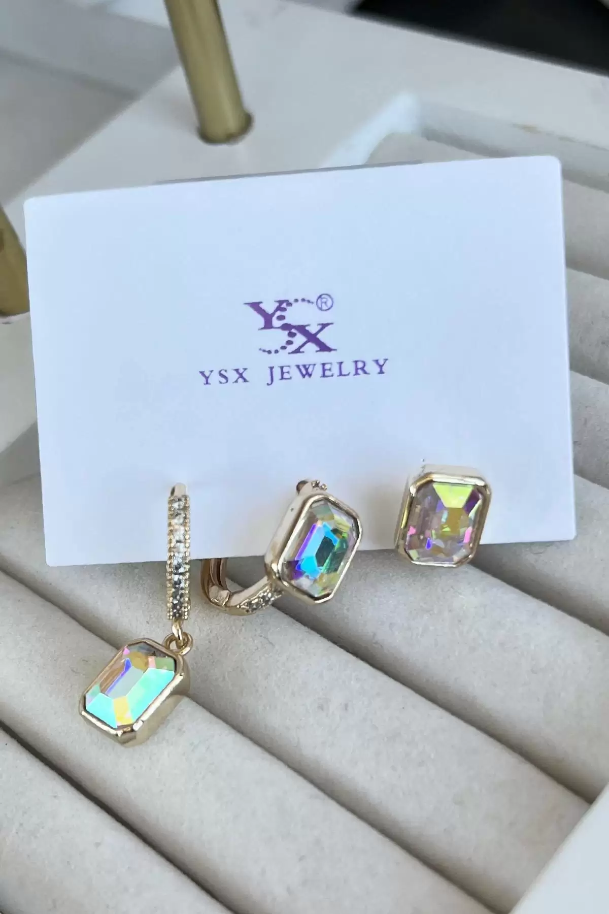 Altın Renk Taş Detaylı VİP 3lü YSX Küpe Set