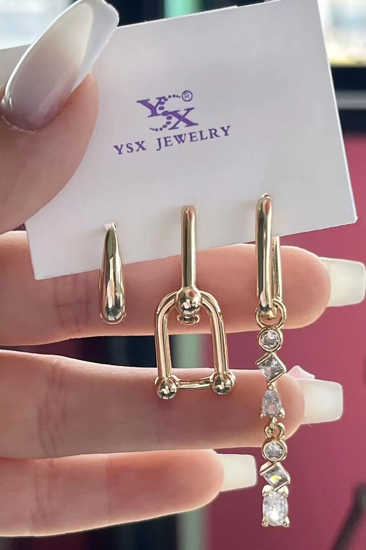 Altın Renk Taş Detaylı VİP 3lü YSX Küpe Set