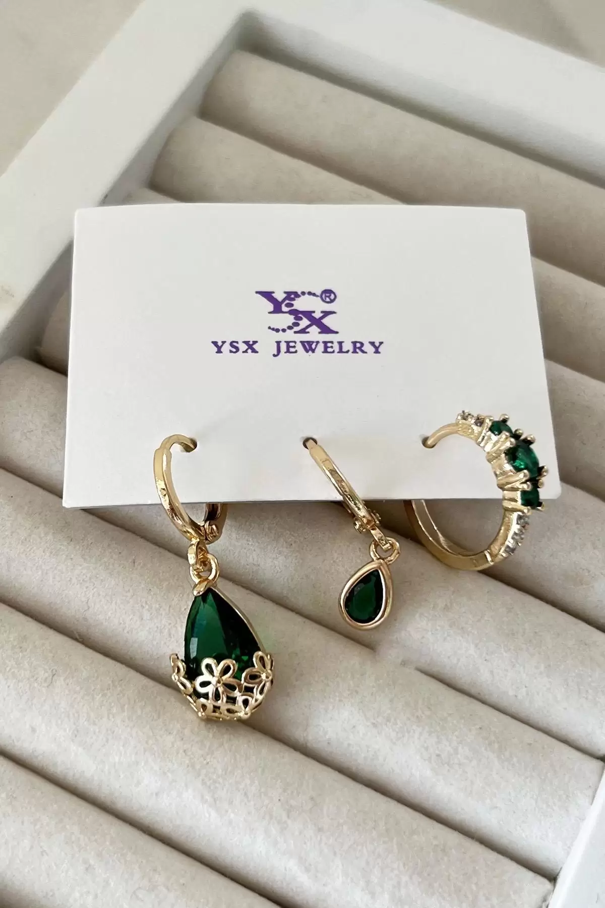 Altın Renk Taş Detaylı VİP 3lü YSX Küpe Set