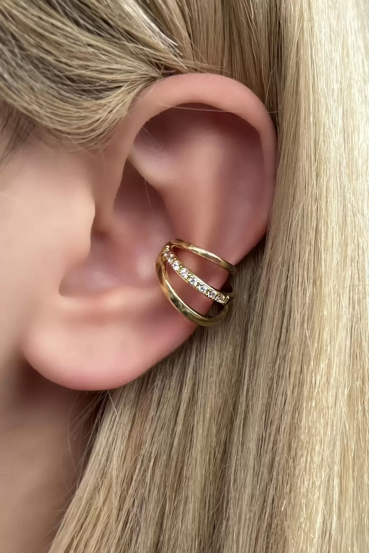 Altın Renk Taşlı Çelik Ear Cuff (Tek)