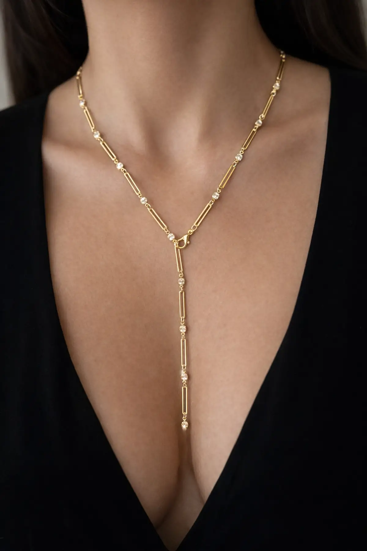 Altın Renk Taşlı Çelik Y Kolye