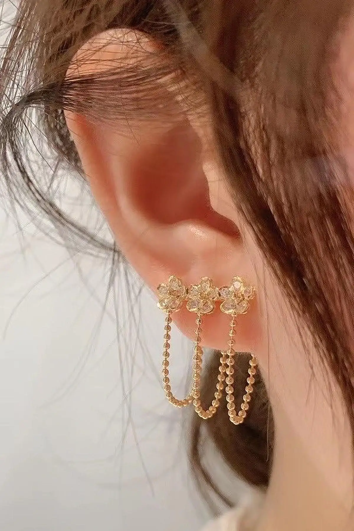 Altın Renk Üçlü Delik Görünümlü 14k Altın Kaplama Küpe (Çift)