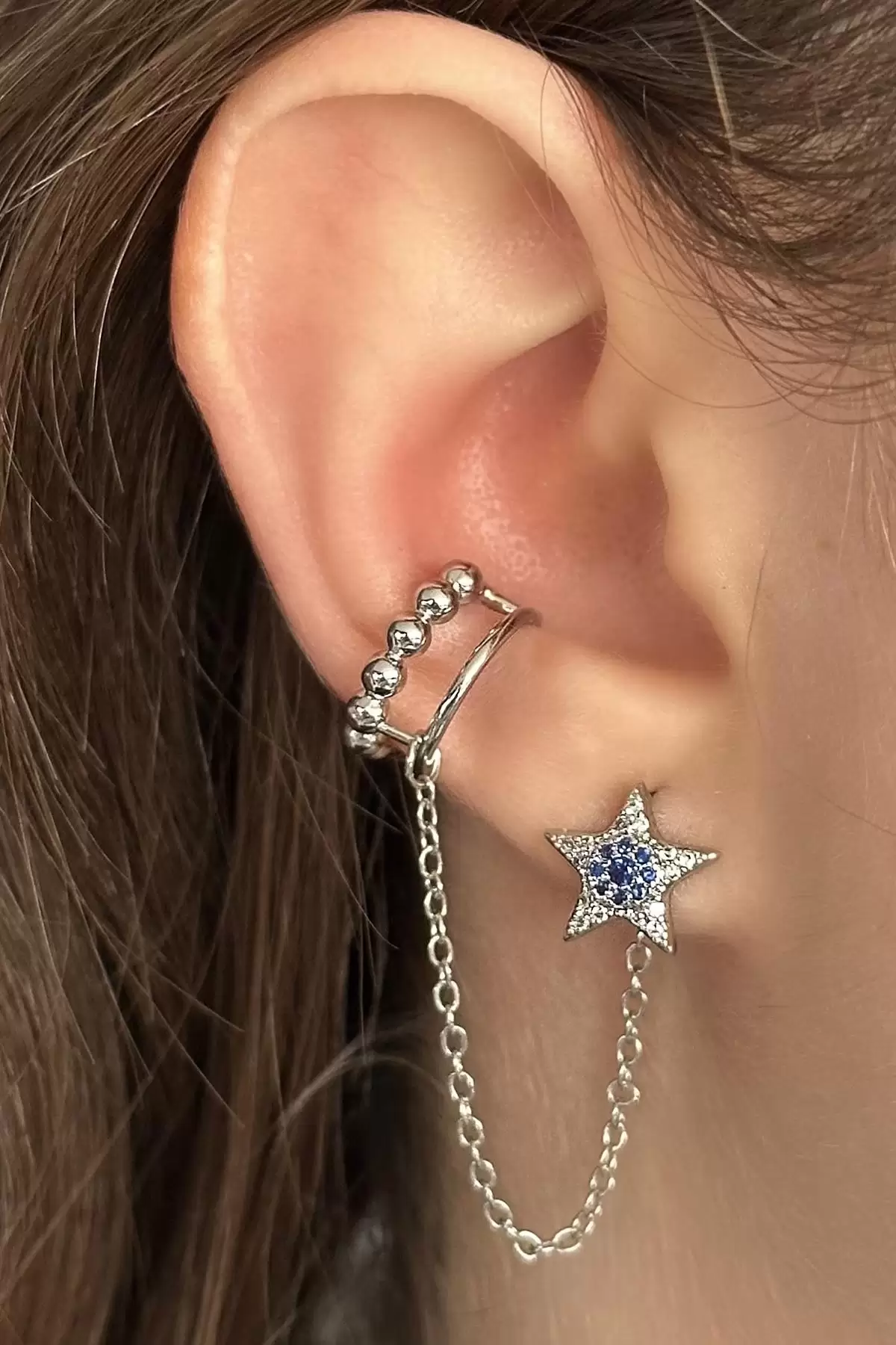Altın Renk Yıldız Figürlü İkili Ear Cuff Küpe Set