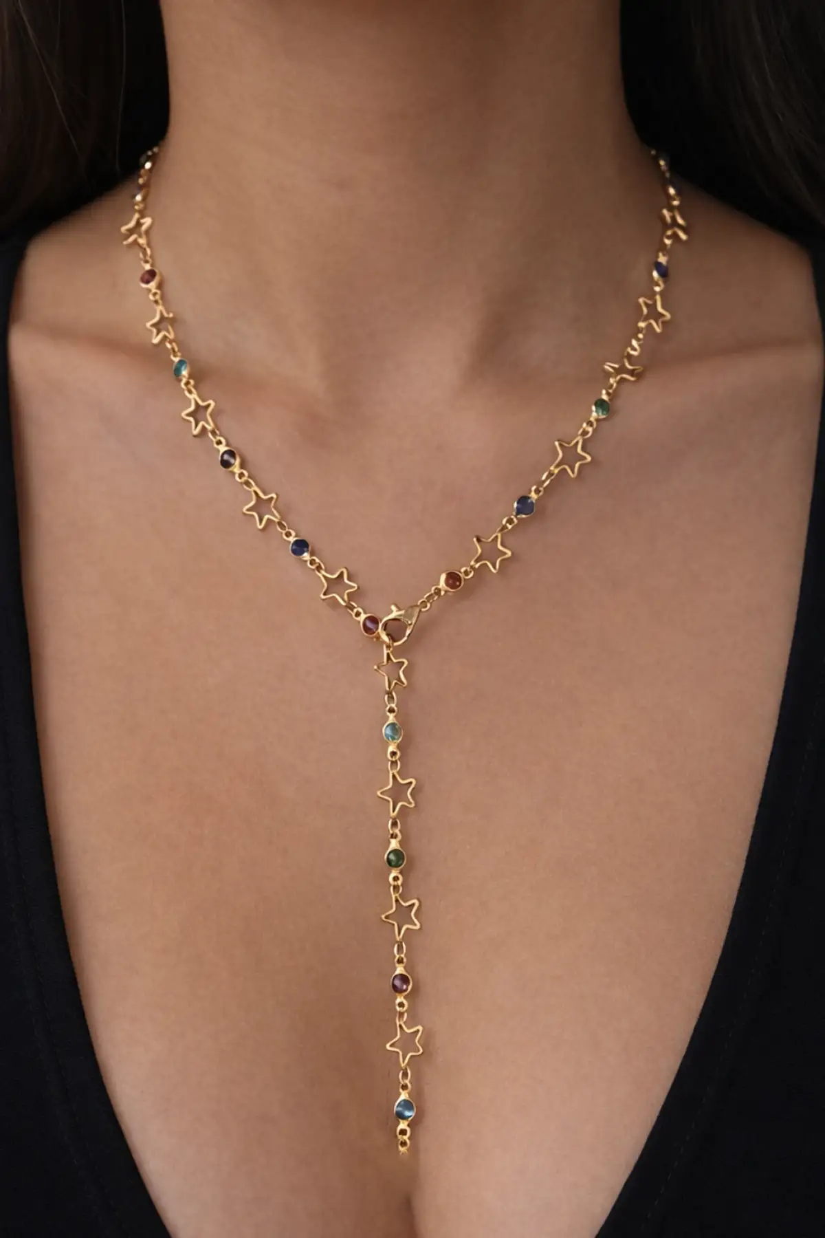 Altın Renk Yıldız Figürlü Taşlı Çelik Y Kolye