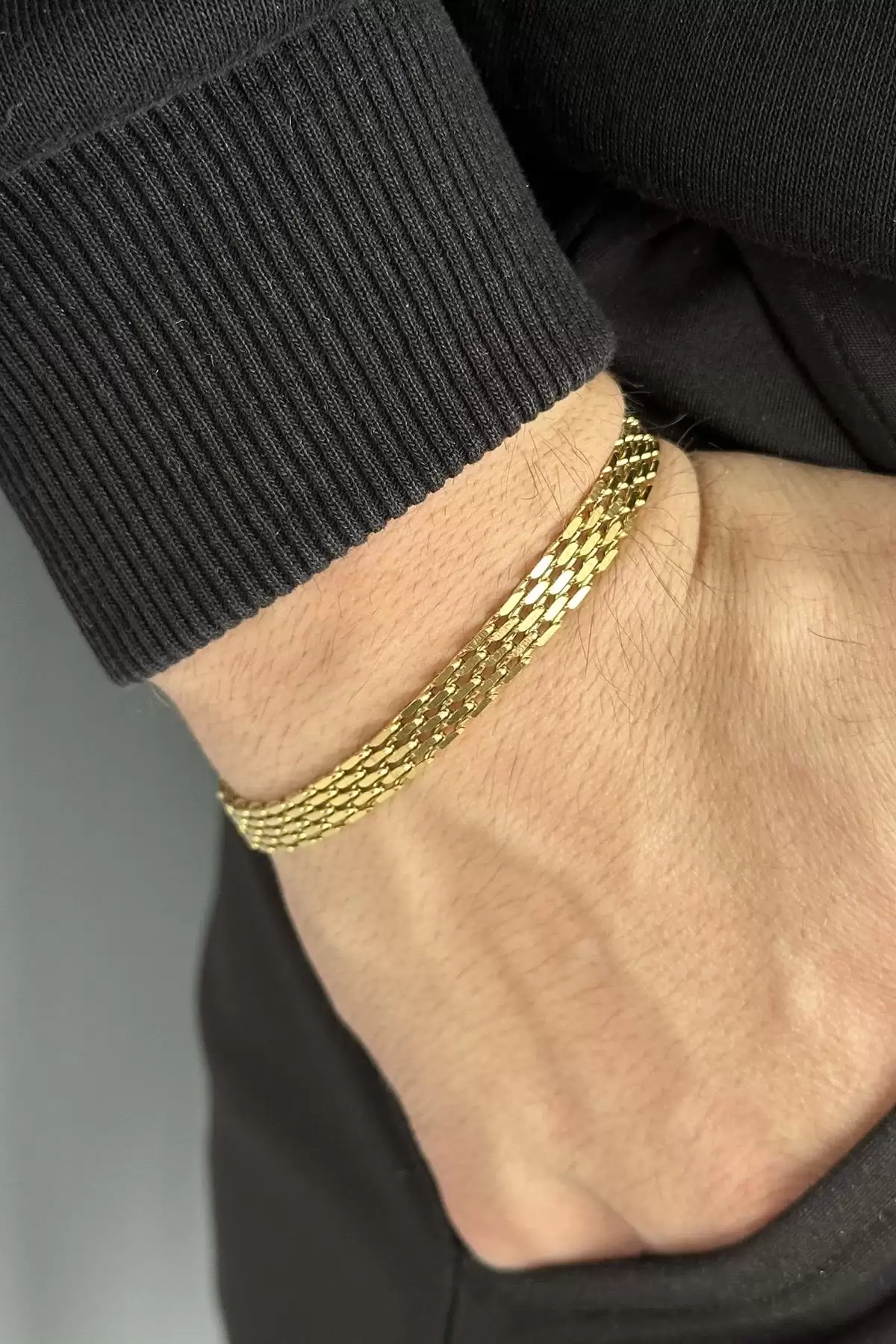 Altın Renk Zincir Detaylı Erkek Çelik Bileklik