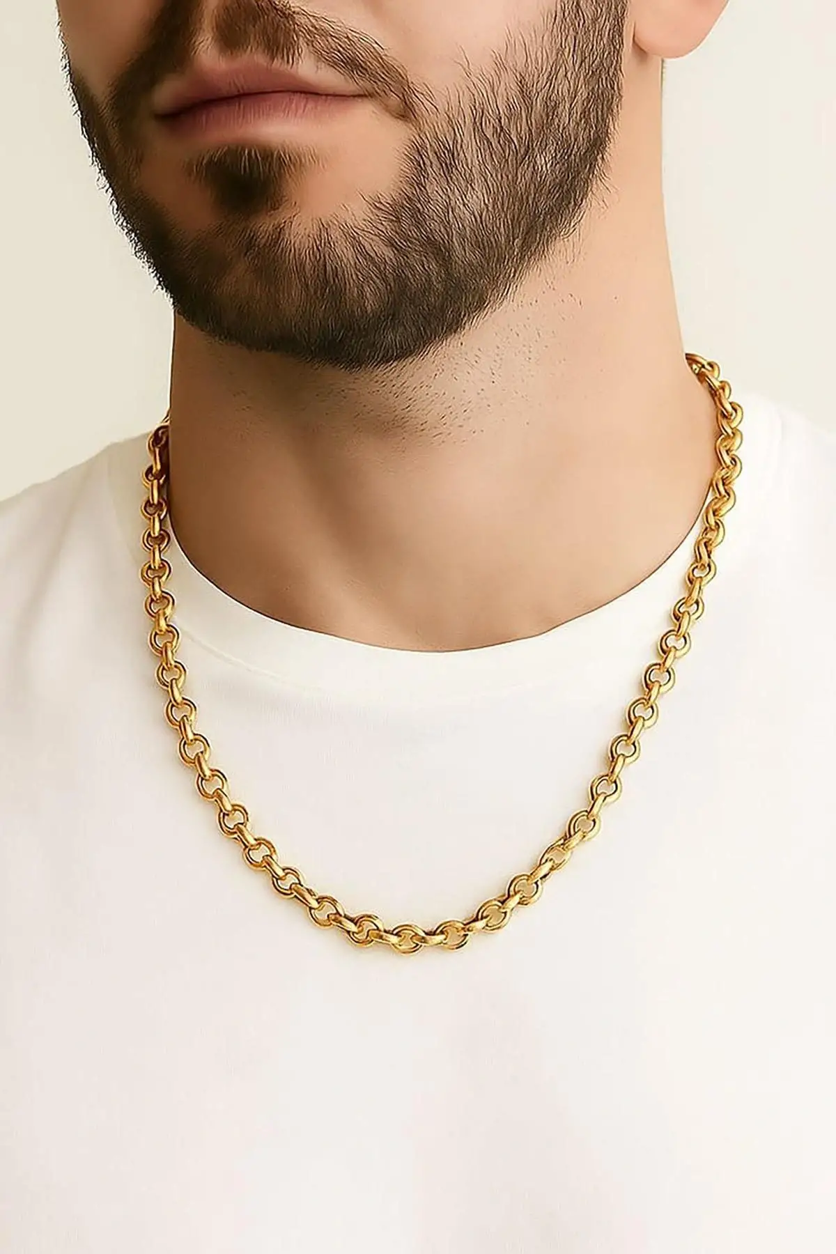 Altın Renk Zincir Detaylı Unisex Çelik Kolye