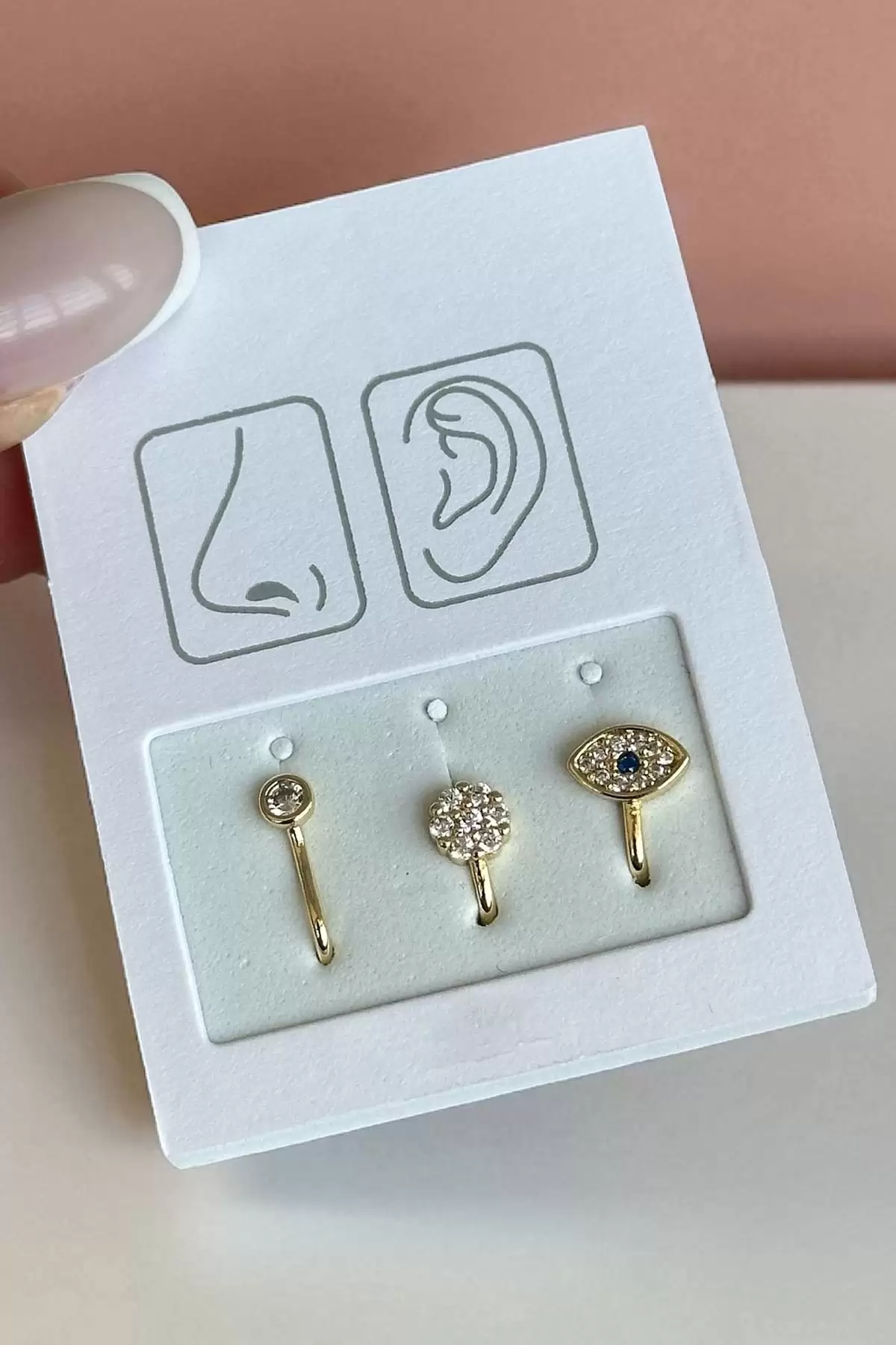 Altın Taş Detaylı Figürlü Deliksiz Kulak/ Burun 3lü Piercing Set