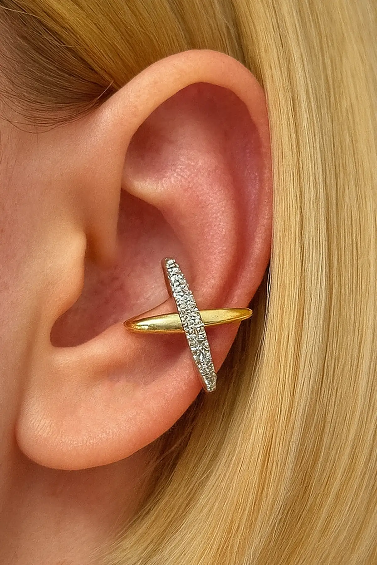 Altın Ve Gümüş Renk 14K Altın Kaplama TX Ear Cuff (Tek)