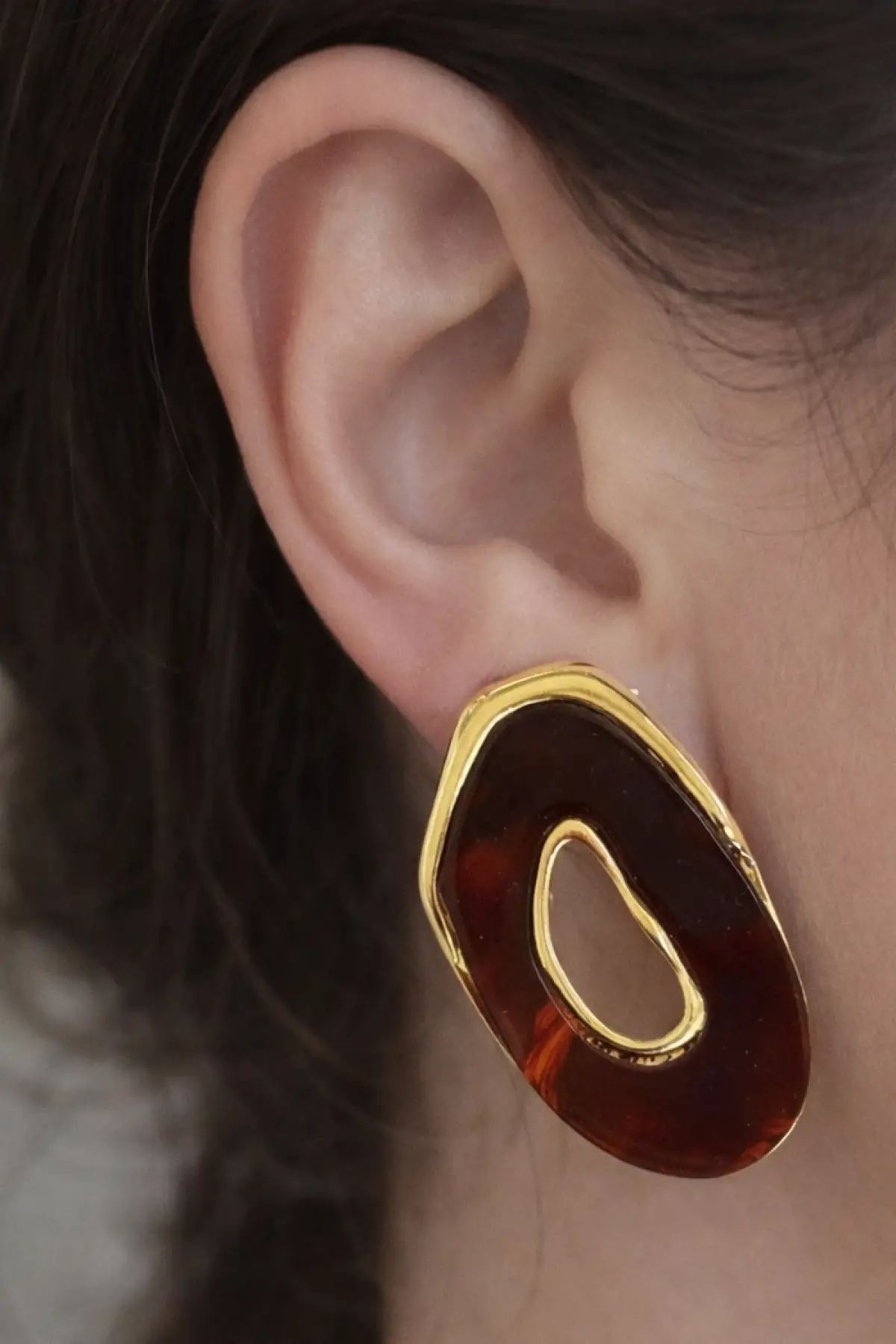 Altın Ve Kahve Renk Taş Detaylı Küpe (Çift)