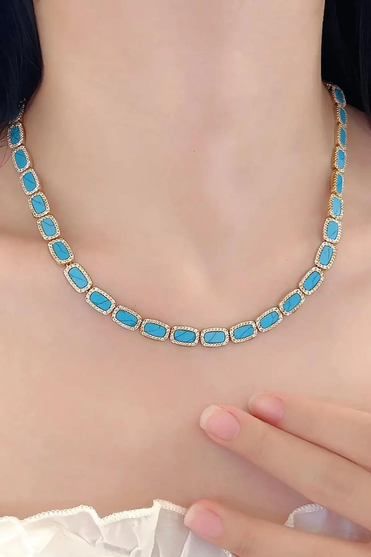 Altın Ve Mavi Renk 14K Altın Kaplama VİP Kolye