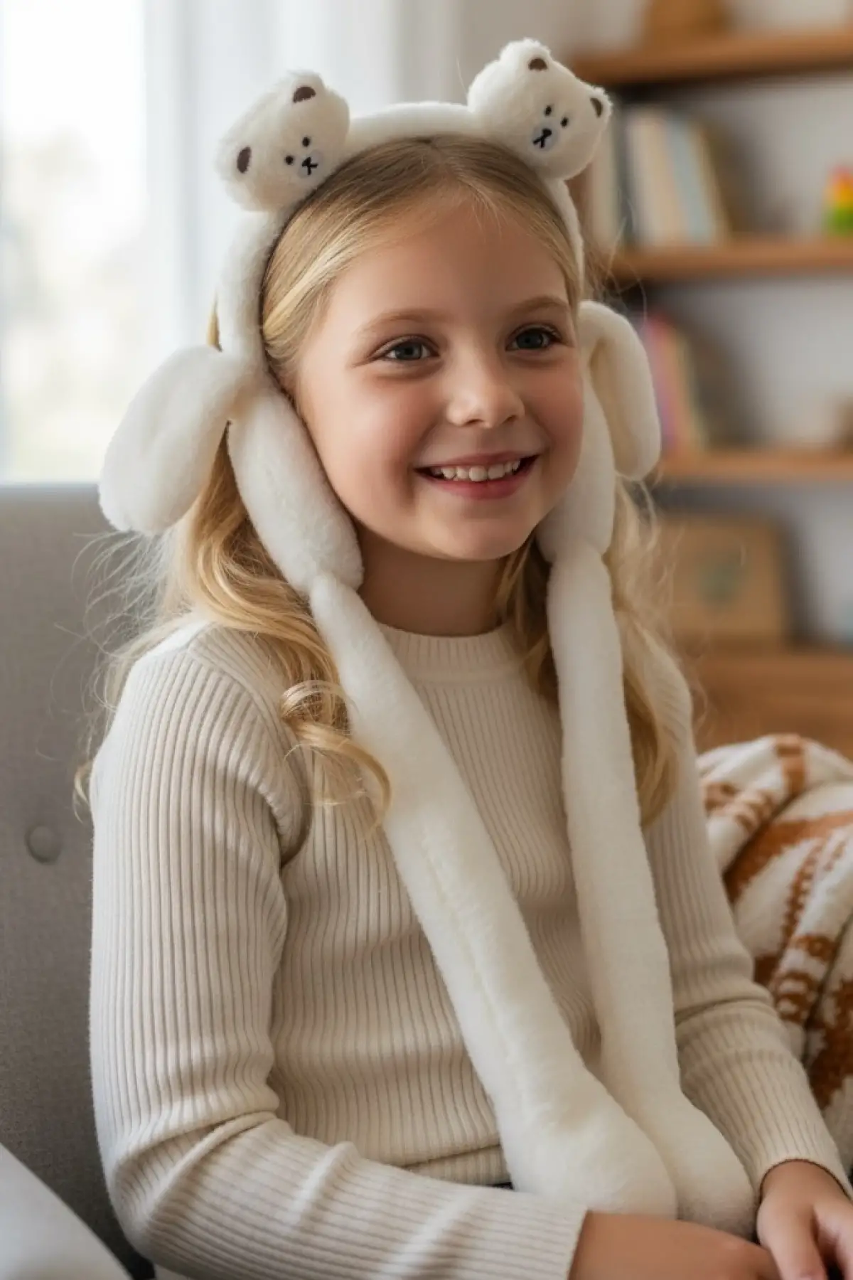 Beyaz Renk Ayıcık Figürlü Kulakları Oynayabilen Peluş Kulaklık