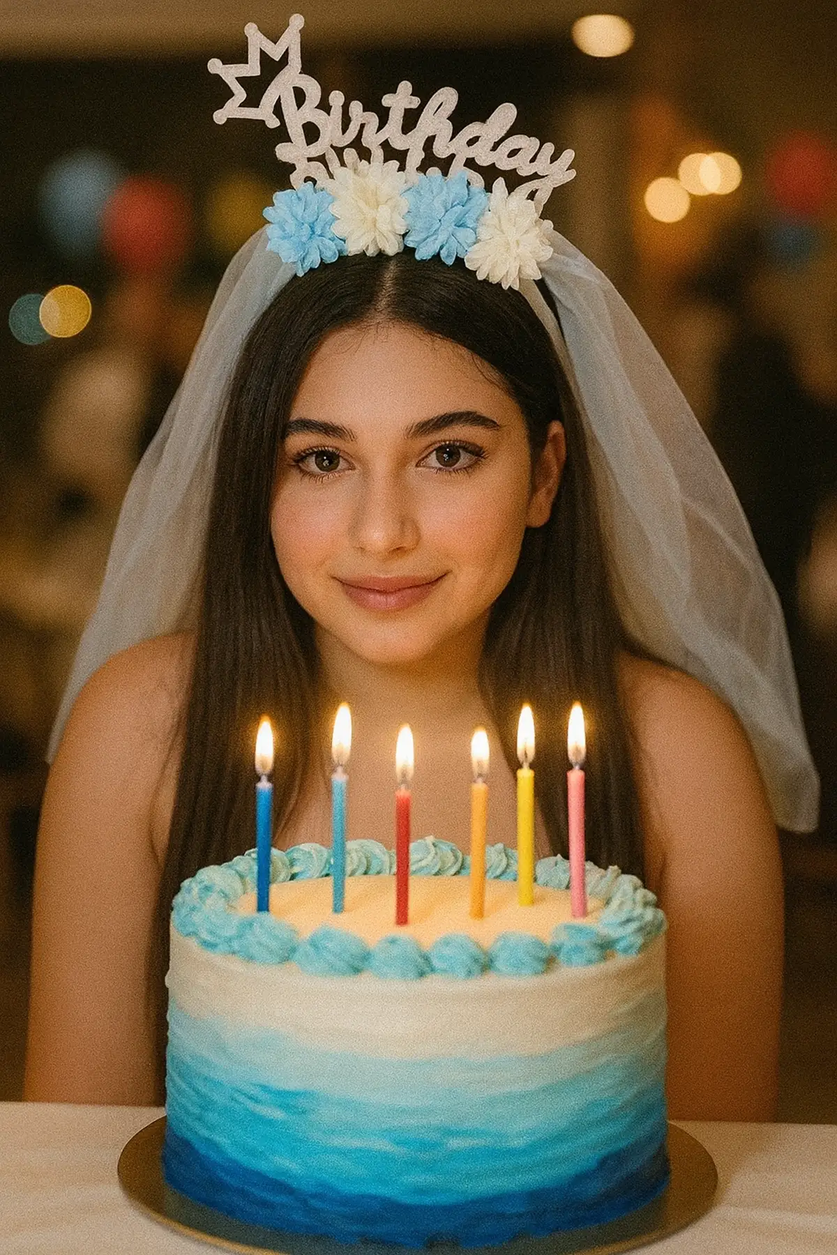 Beyaz Renk Birthday Princess Yazılı Çiçek Figürlü Duvak Detaylı Taç