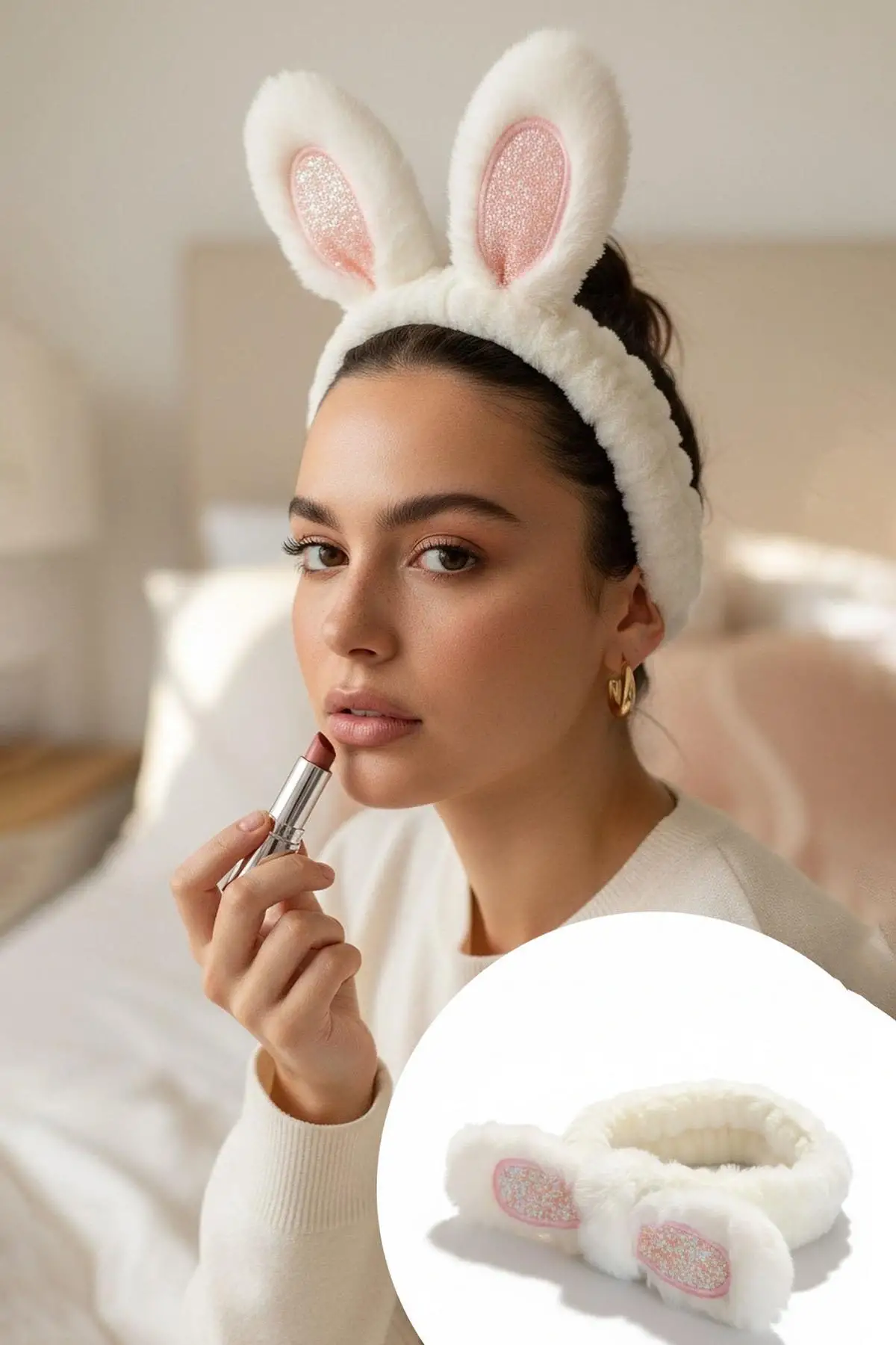 Beyaz Renk Kulak Detaylı Peluş Saç Bandı