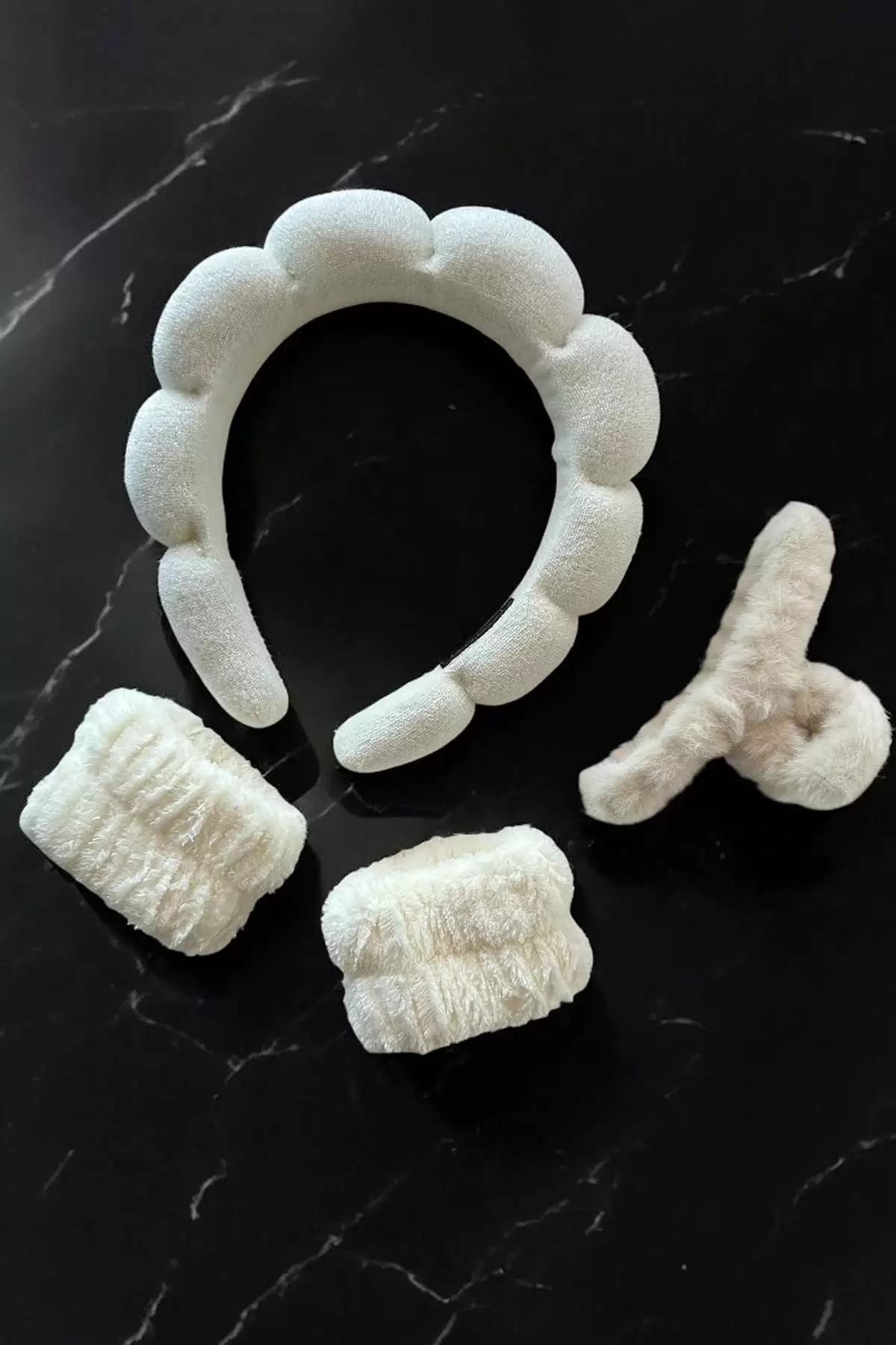 Beyaz Renk Spa Taç/ Mandal Toka/ Su Emici Havlu Bileklik Set