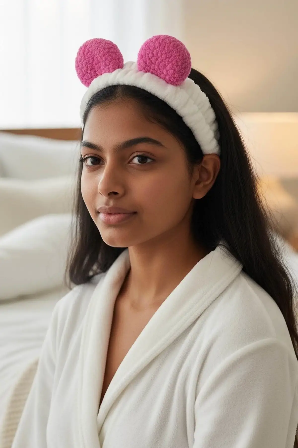 Beyaz Ve Pembe Renk Kulak Detaylı Peluş Saç Bandı