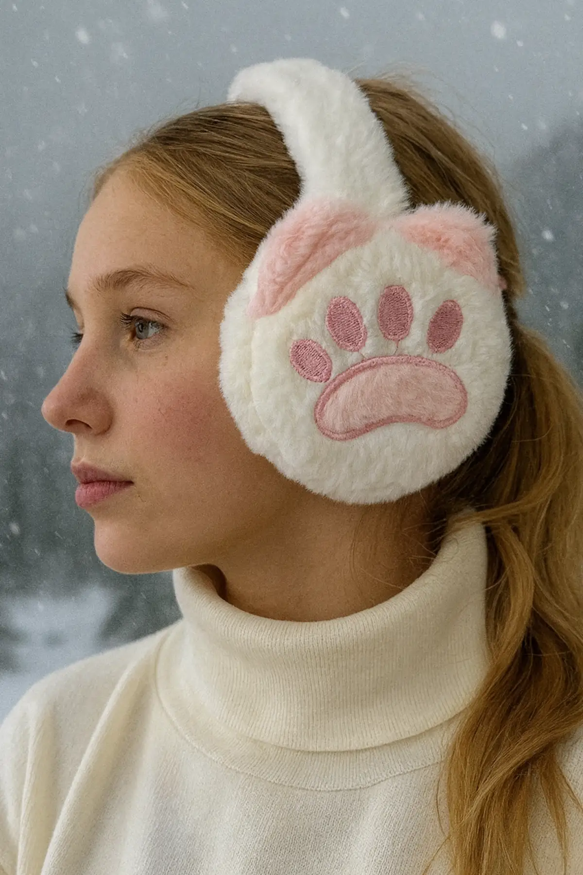 Beyaz Ve Pembe Renk Pati Figürlü Peluş Kulaklık