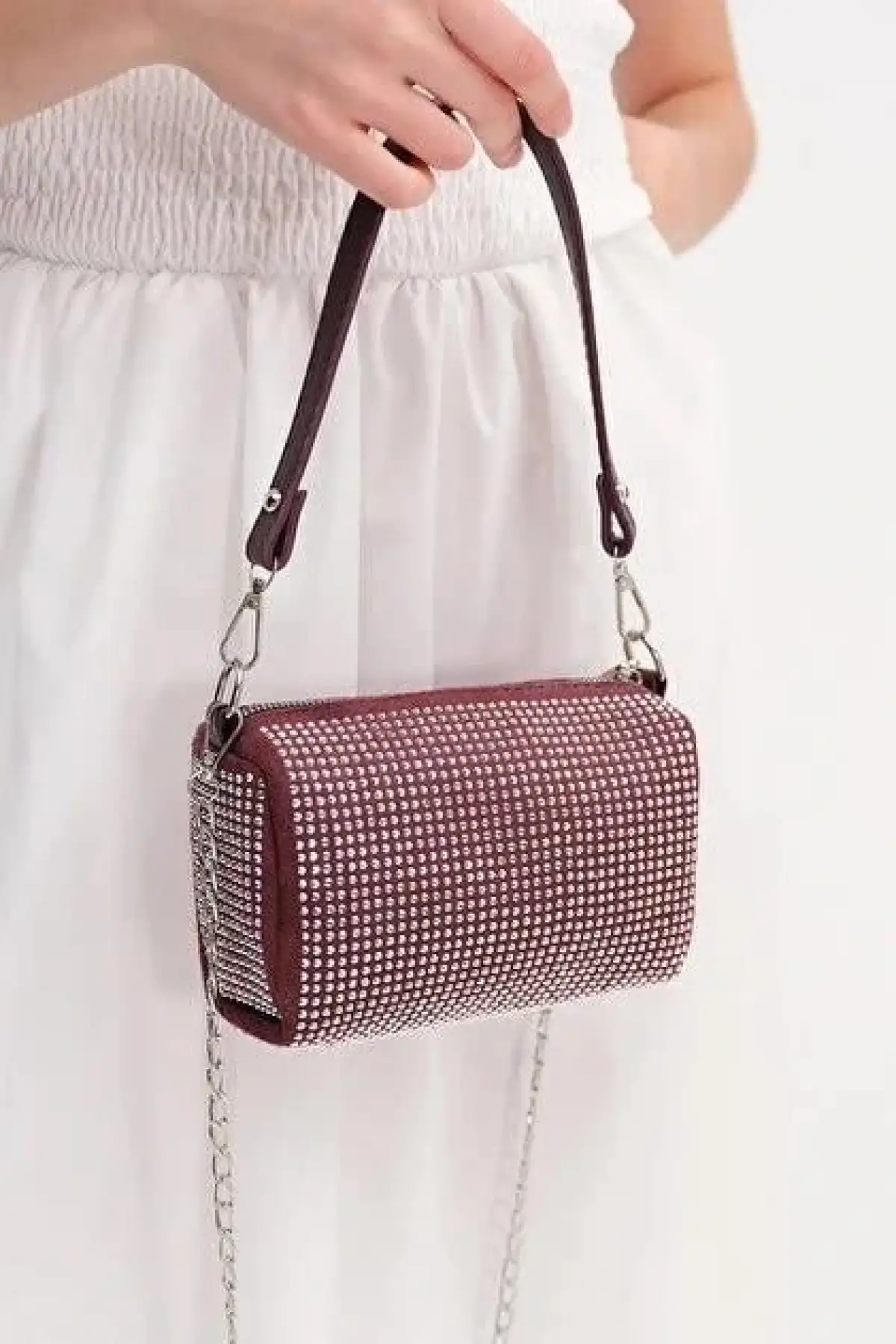 Bordo Renk Taşlı El Ve Omuz Çantası