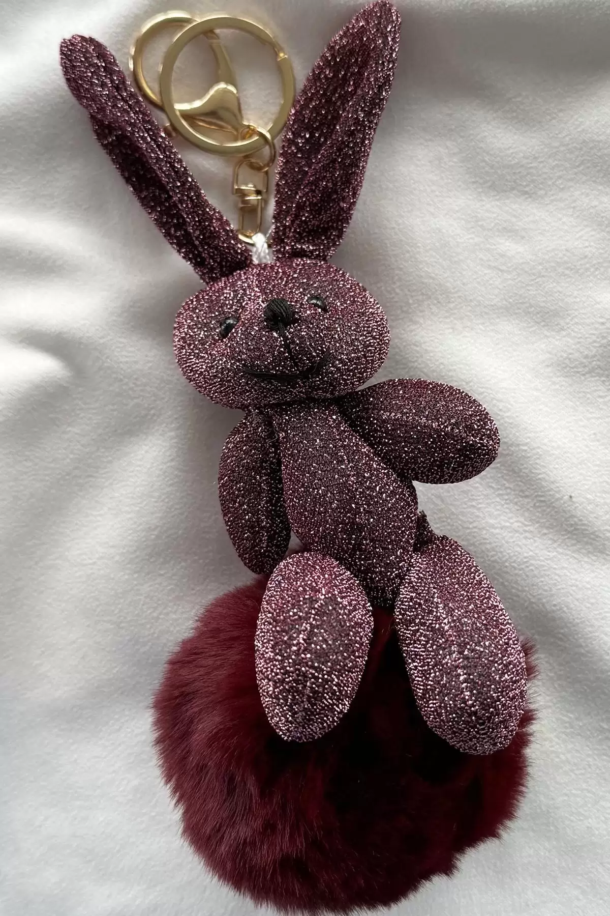 Bordo Renk Tavşan Figürlü Ponponlu Anahtarlık