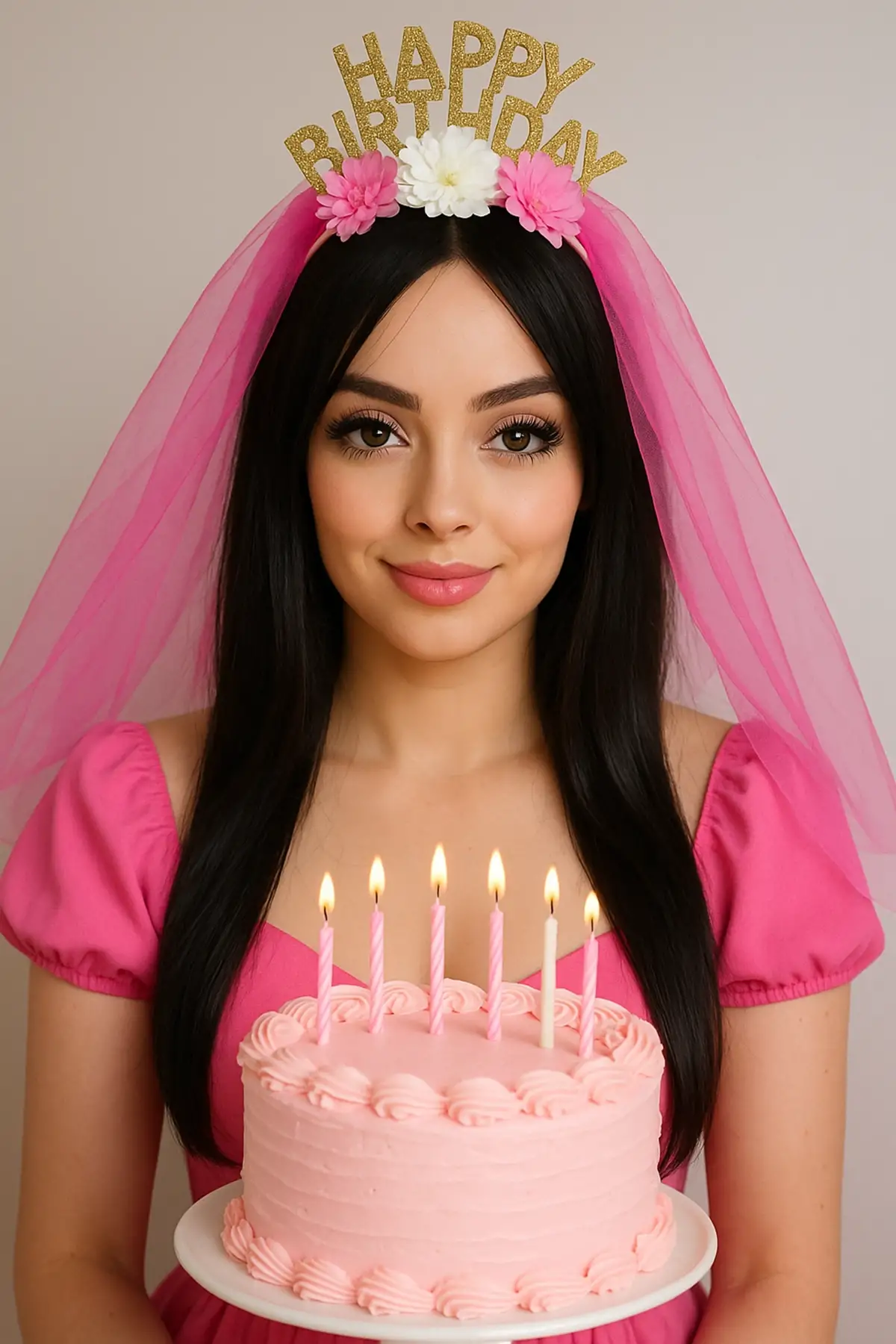 Fuşya Renk Happy Birthday Yazılı Çiçek Figürlü Tül Detaylı Taç