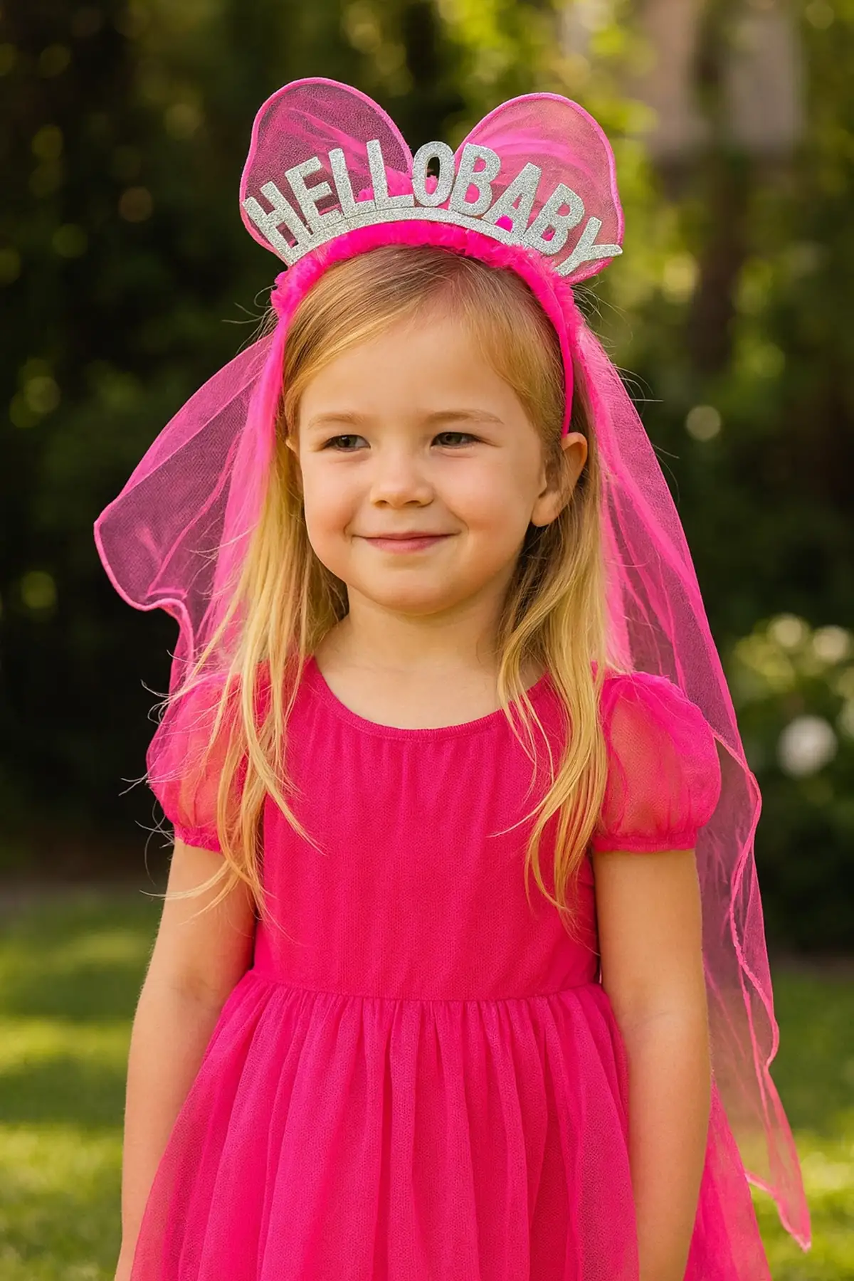 Fuşya Renk Hello Baby Yazılı Tül Detaylı Taç