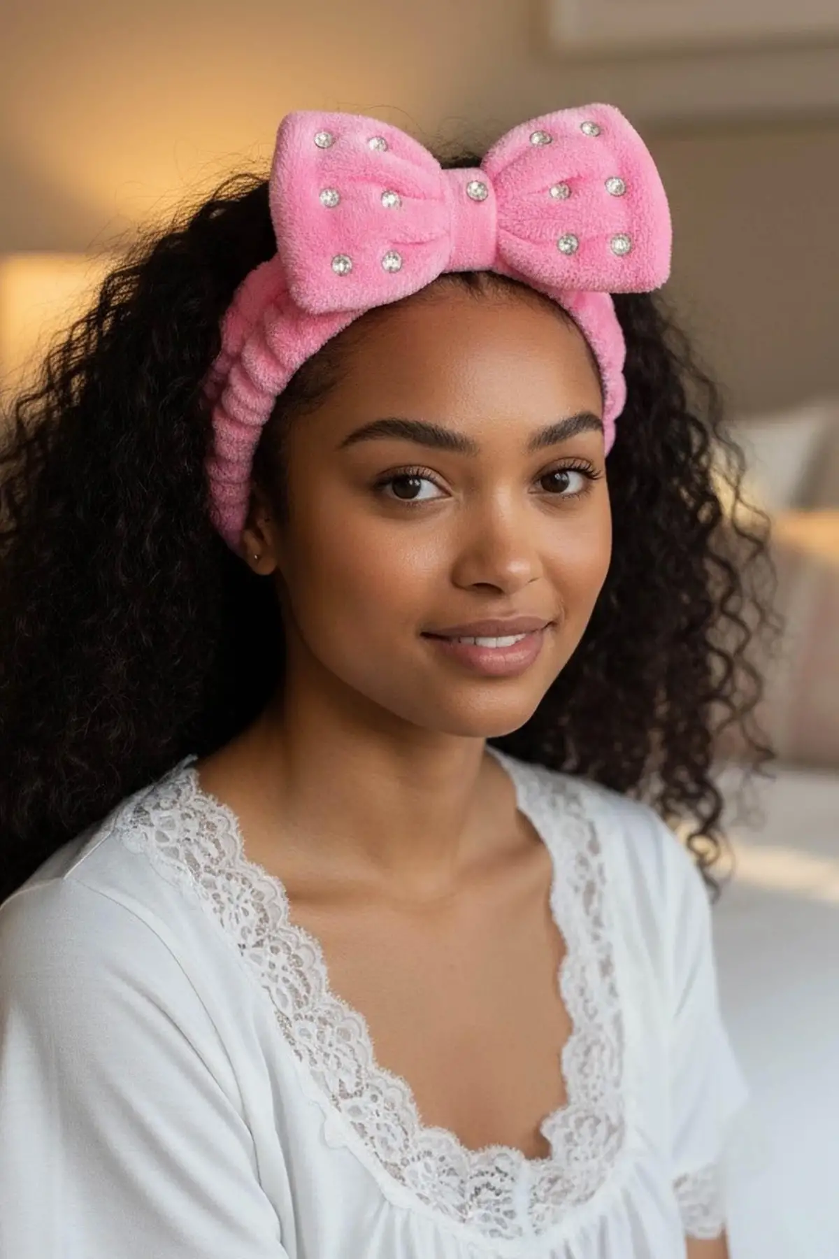 Fuşya Renk Kurdele Figürlü Taş Detaylı Peluş Saç Bandı