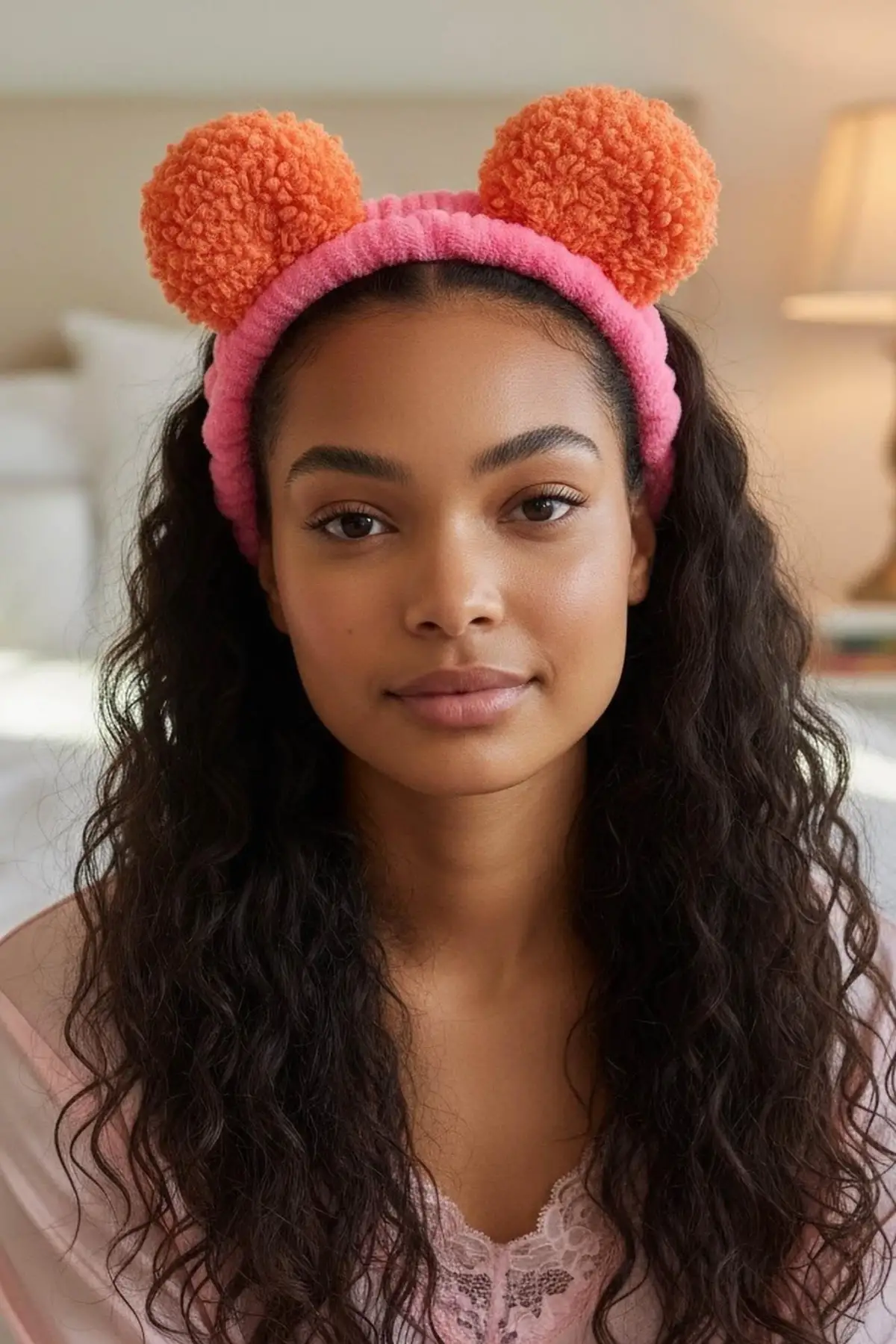 Fuşya Ve Turuncu Renk Kulak Detaylı Peluş Saç Bandı