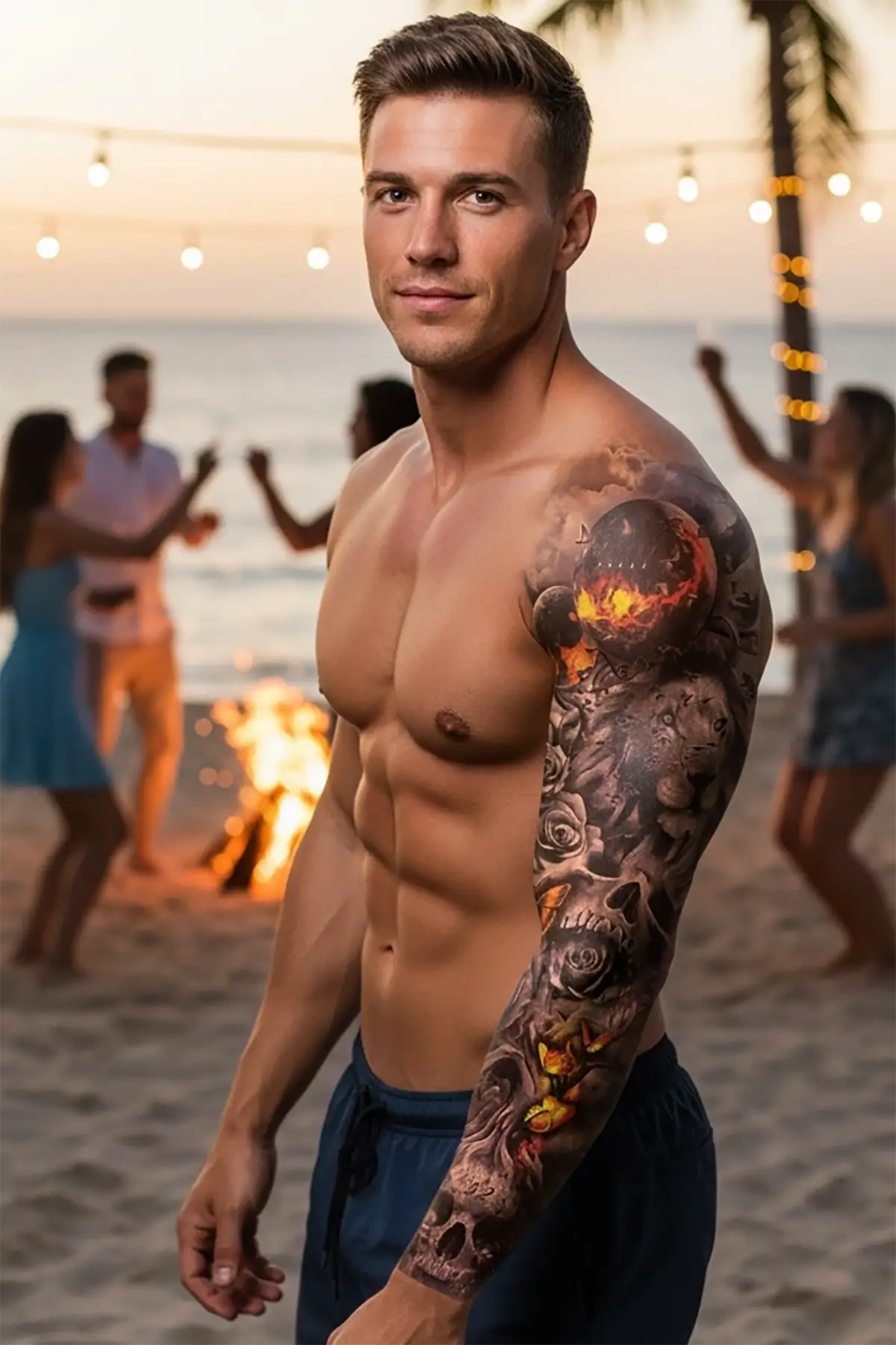 Geçici Aslan ve Kurukafa Modelli Kol Dövme Tattoo