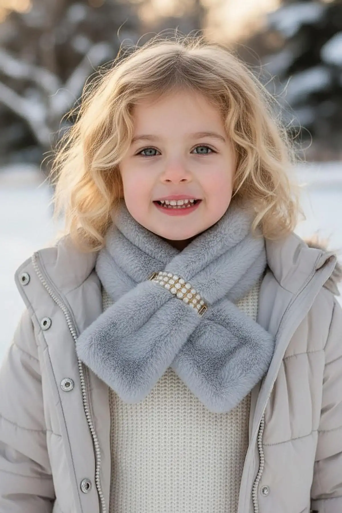 Gri Renk İnci Detaylı Çocuk Peluş Atkı