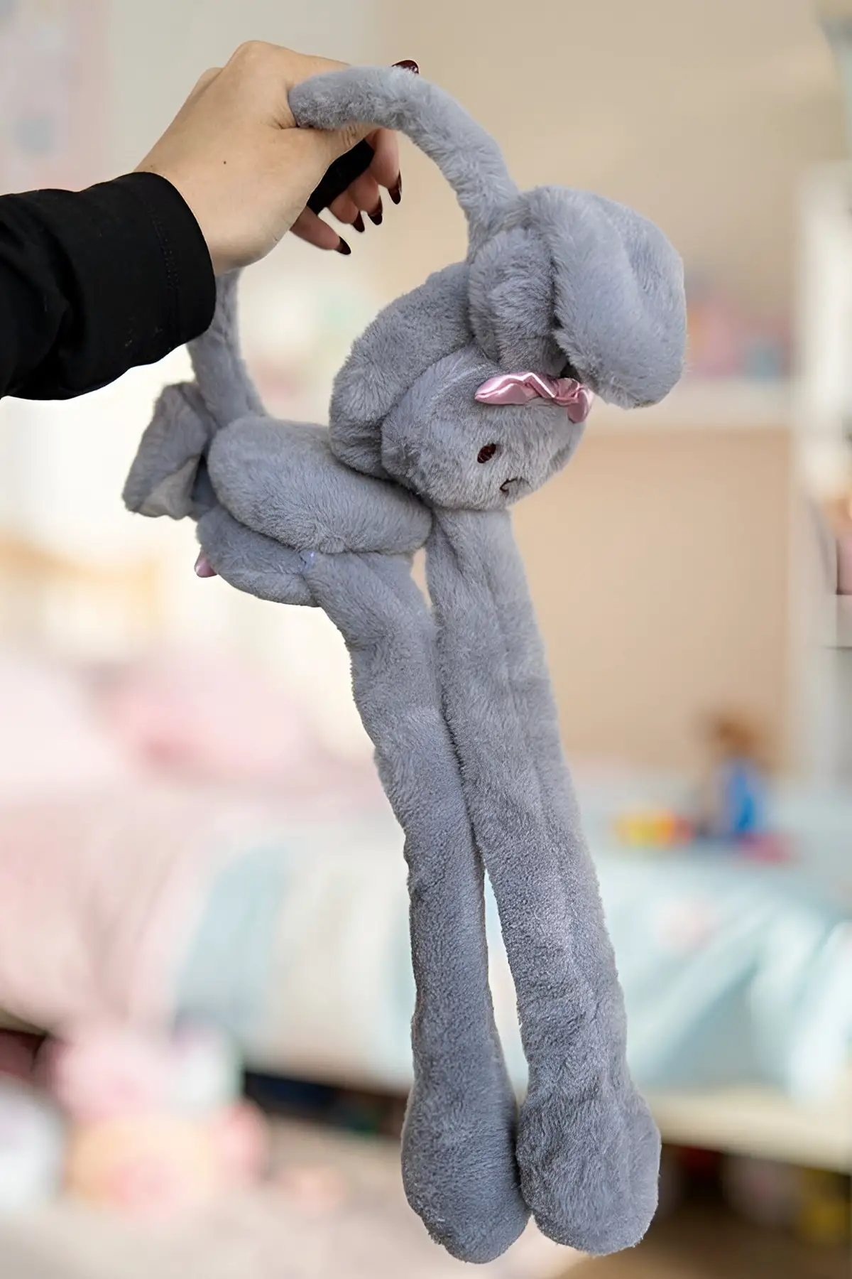 Gri Renk Tavşan Figürlü Kulakları Oynayan Peluş Kulaklık