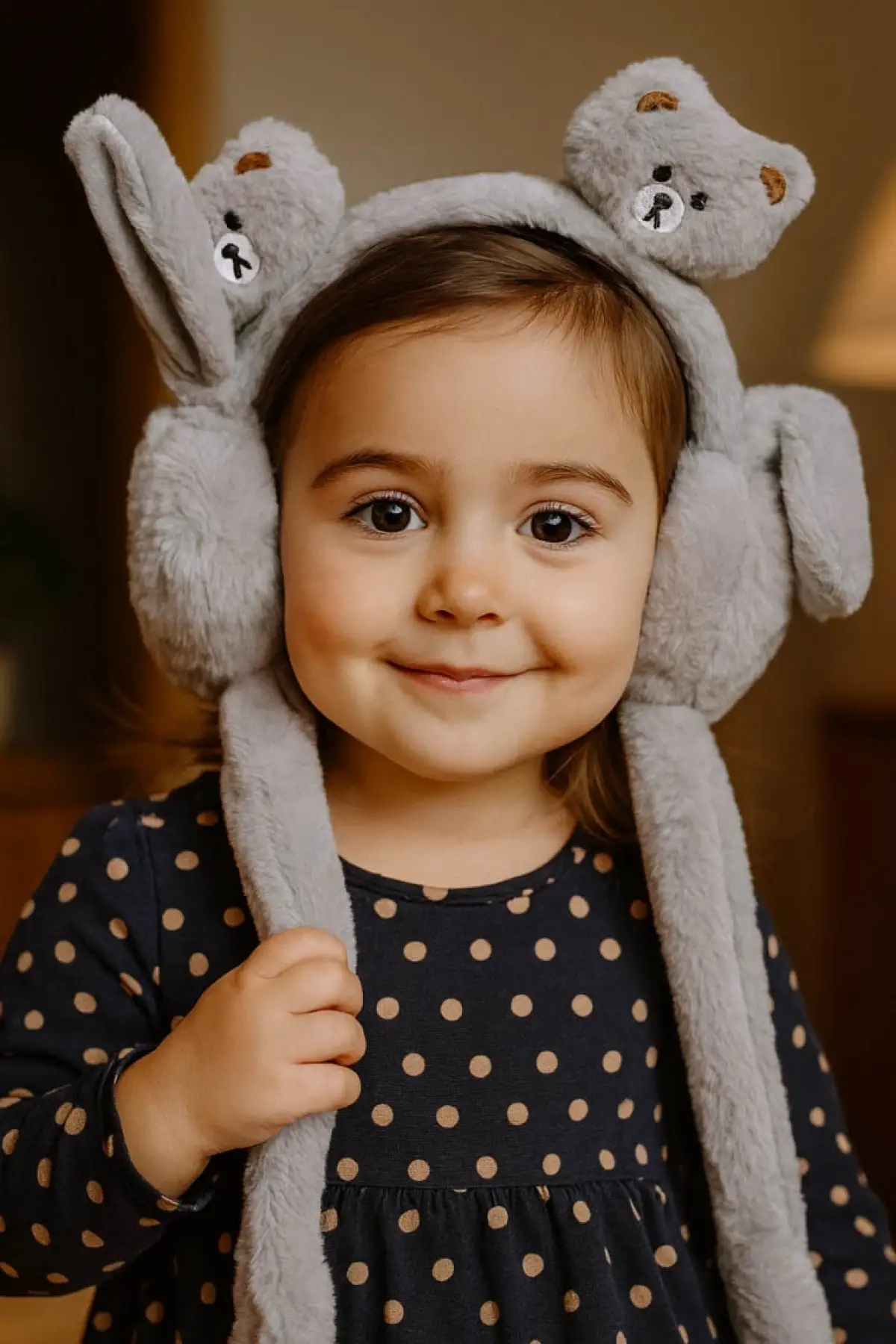 Gri Renl Ayıcık Figürlü Kulakları Oynayan Peluş Kulaklık